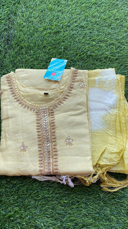 Yellow silk embroidery kurti 2 piece set - Threads