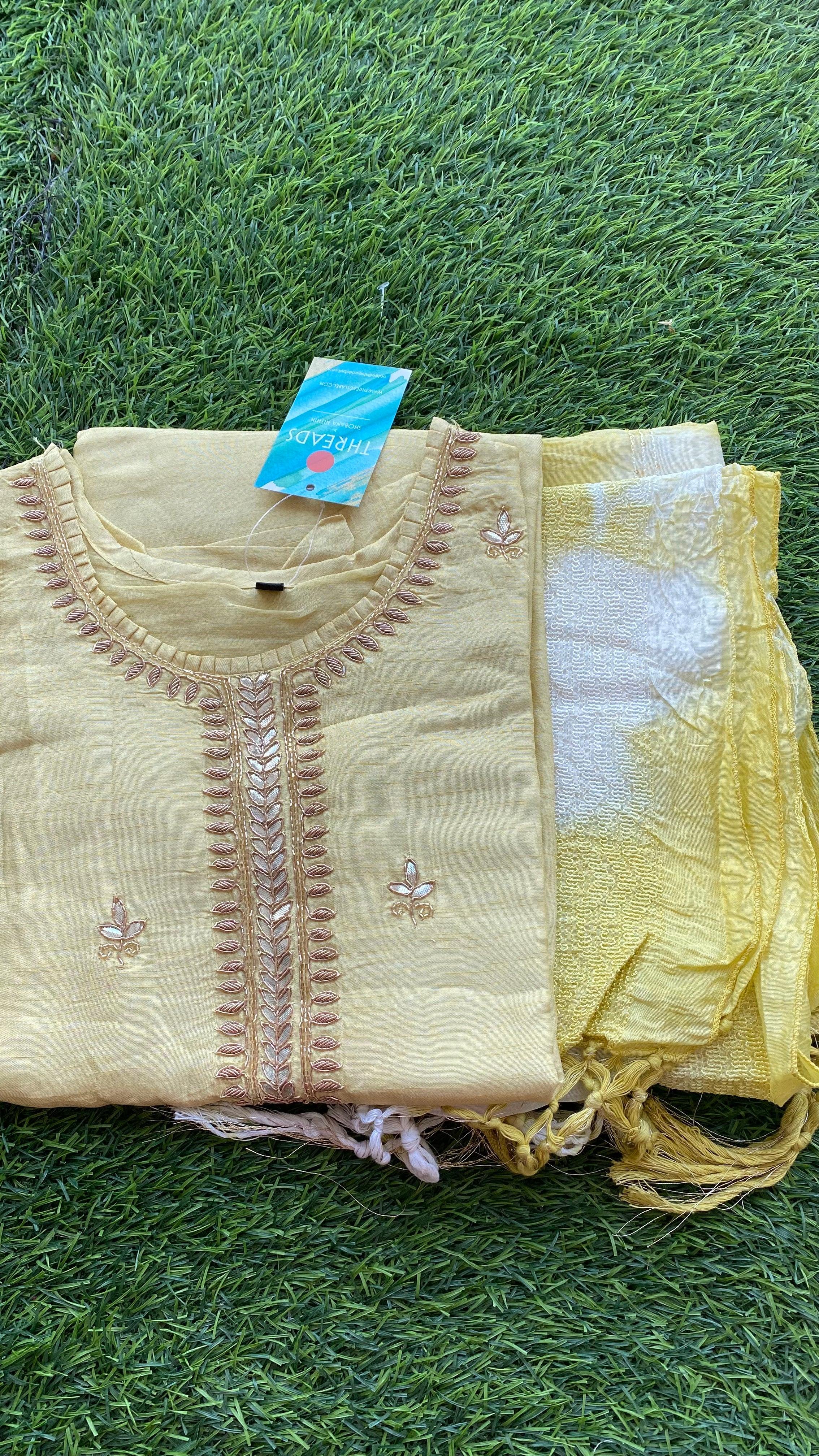 Yellow silk embroidery kurti 2 piece set - Threads