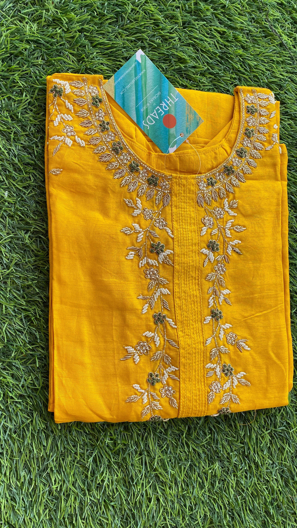 Yellow silk embroidery hand worked kurti top - Threads