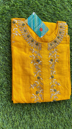 Yellow silk embroidery hand worked kurti top - Threads