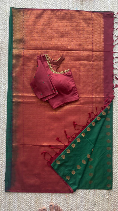 (Free full draping )bottle green silk saree with maroon hand worked blouse