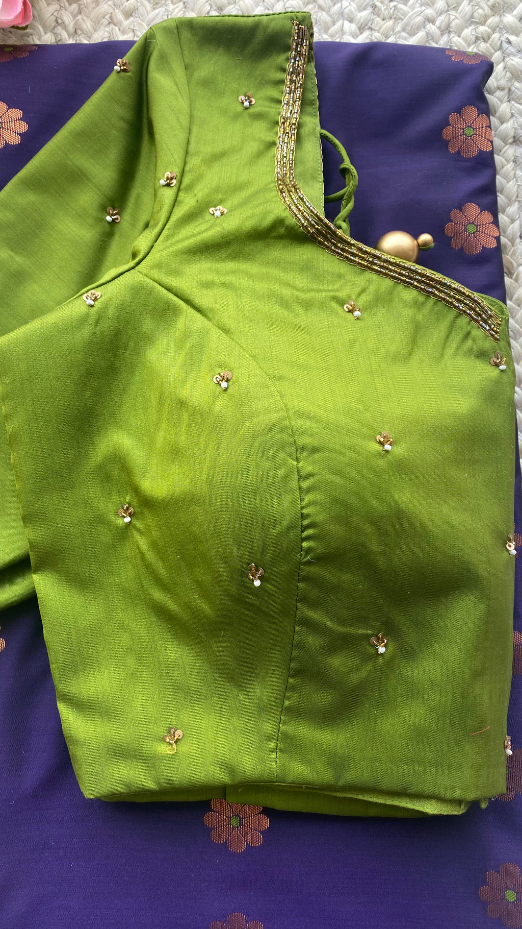 Blue silk saree with green hand worked blouse