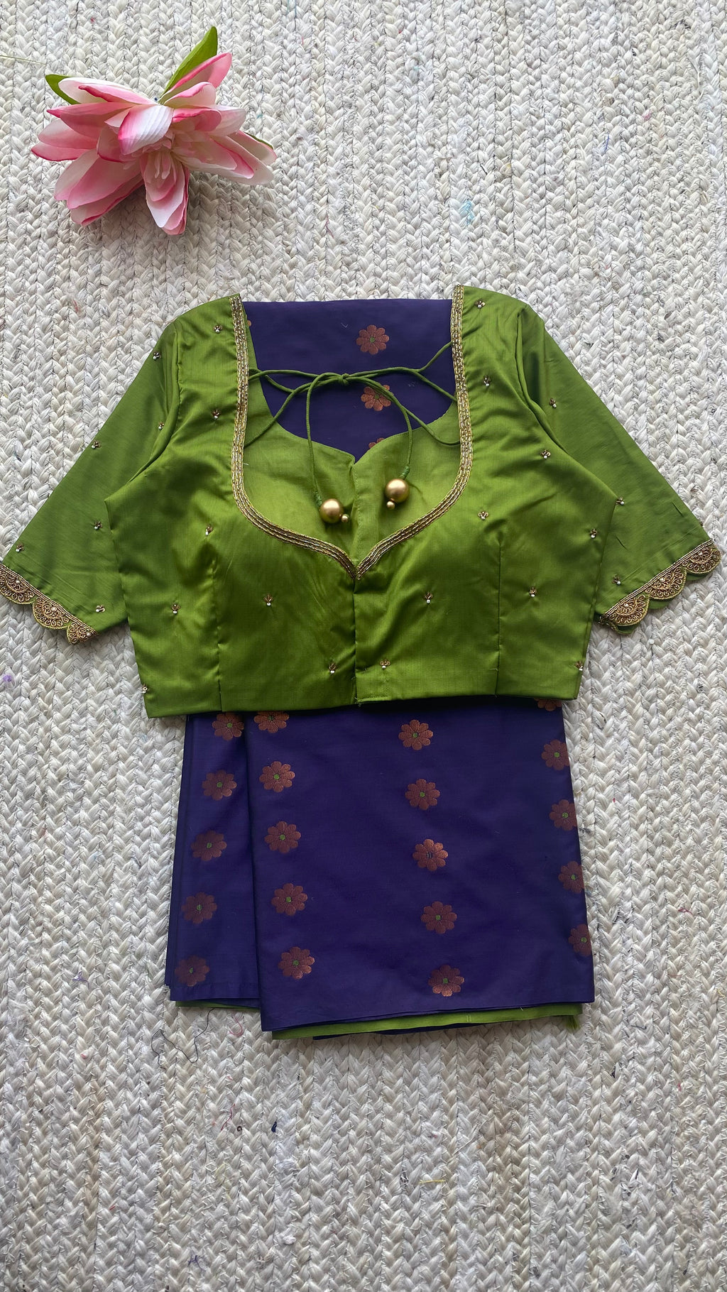 Blue silk saree with green hand worked blouse