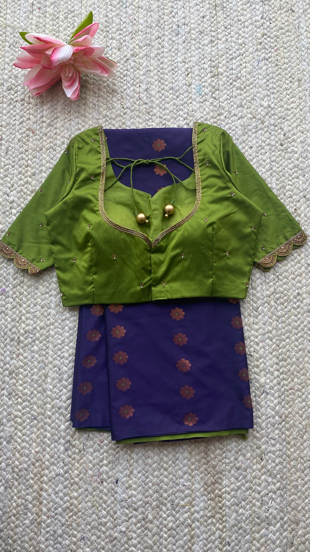 Blue silk saree with green hand worked blouse