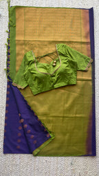 Blue silk saree with green hand worked blouse