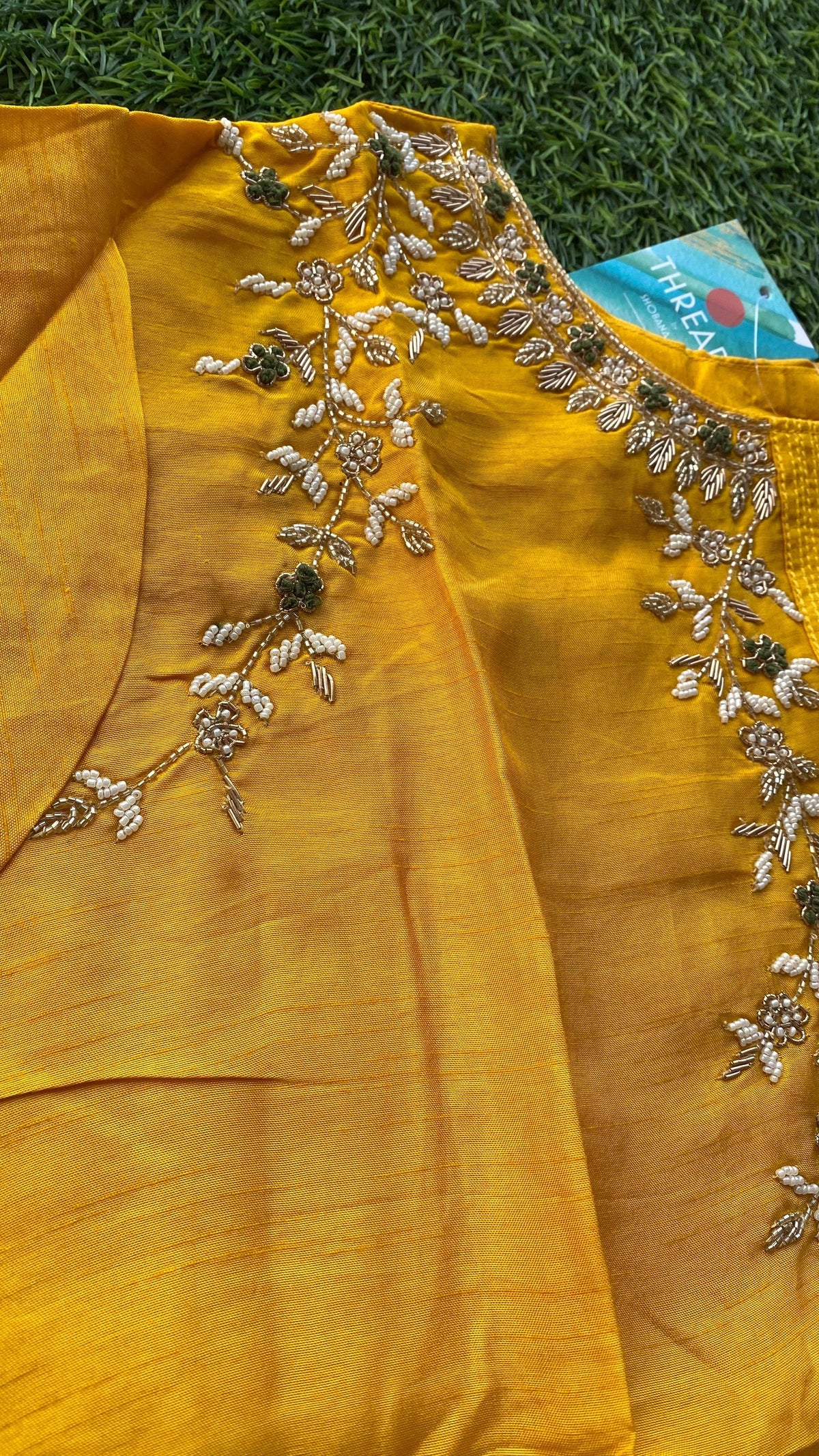 Yellow silk embroidery hand worked kurti top - Threads