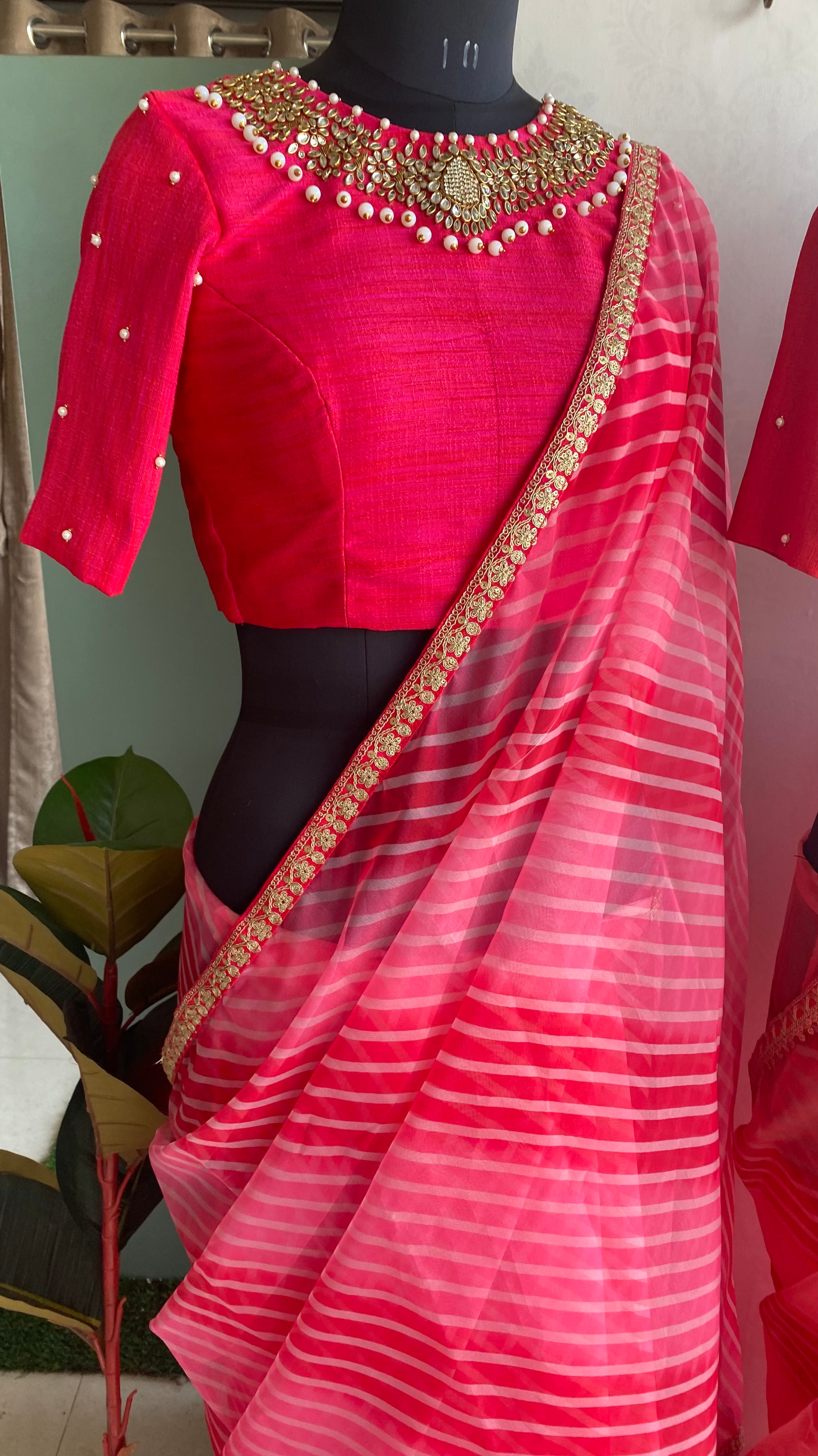 Pink silk Jewel neck intricate hand work blouse