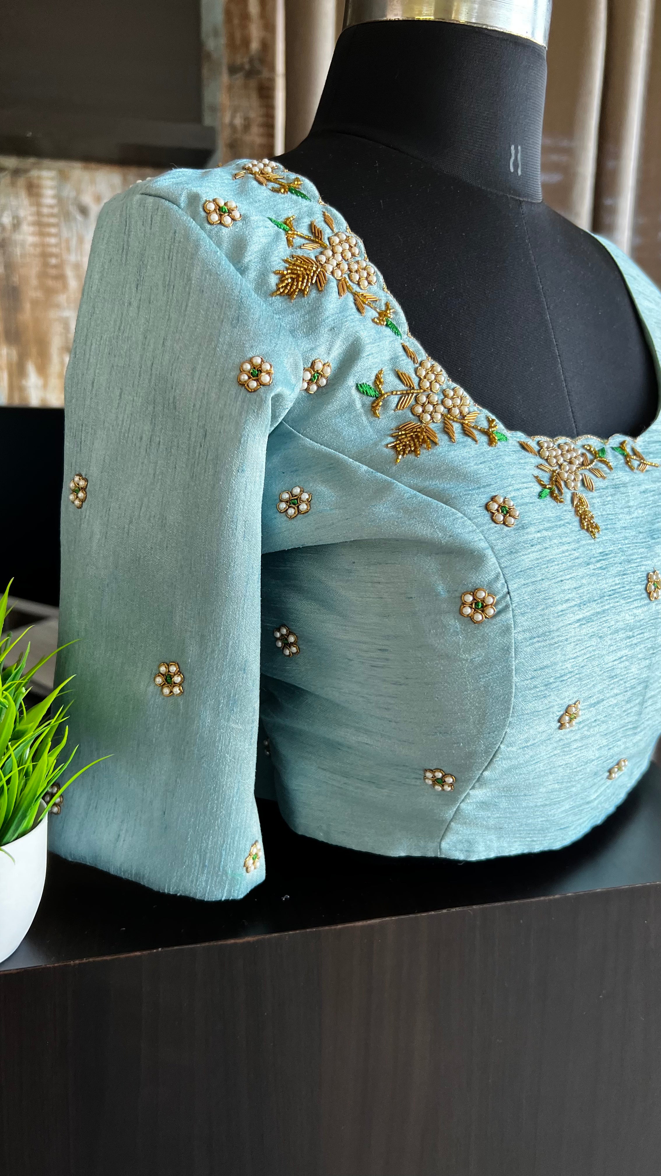 Light blue silk hand worked blouse - Threads