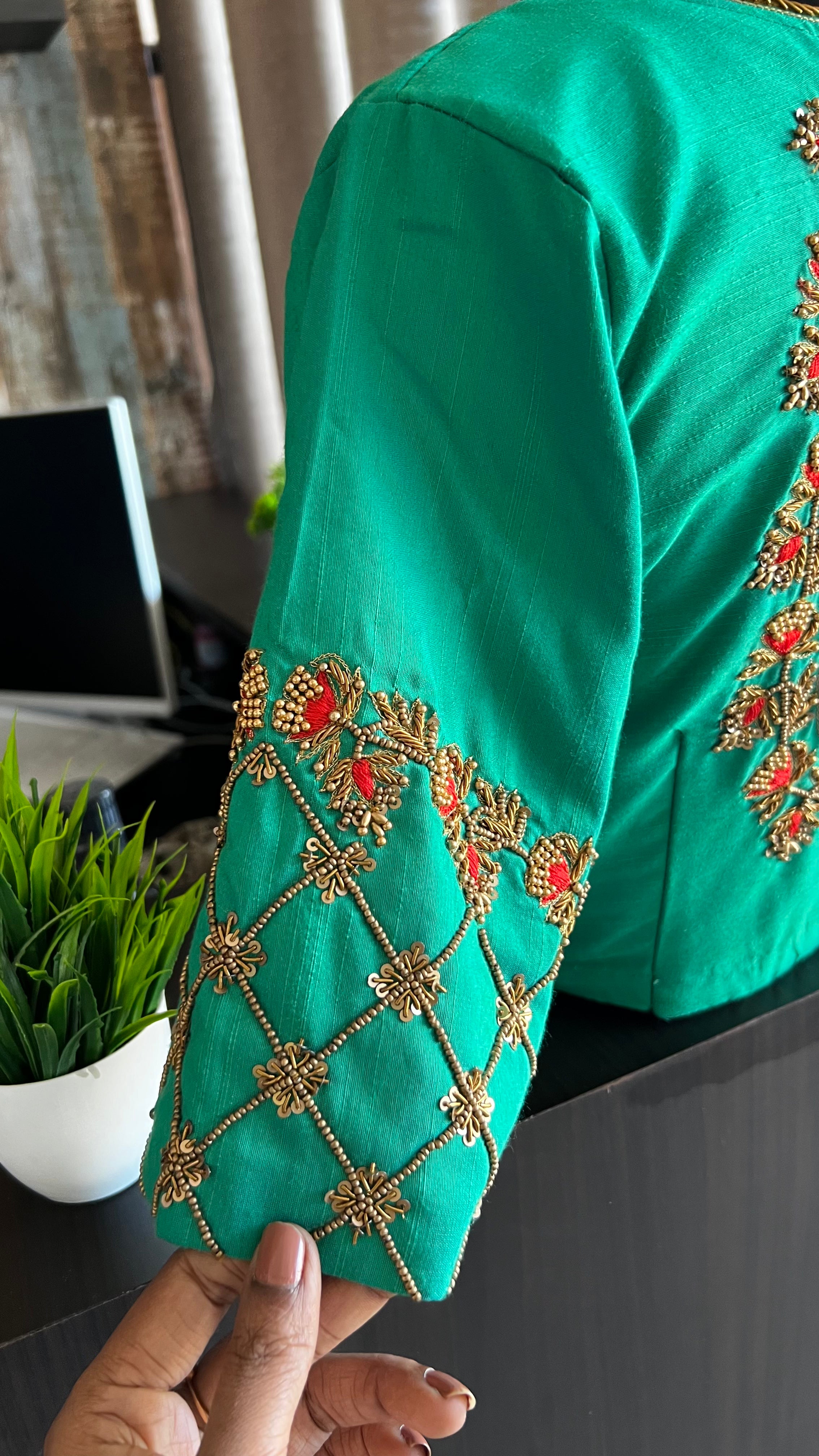 Sea green silk hand worked blouse - Threads