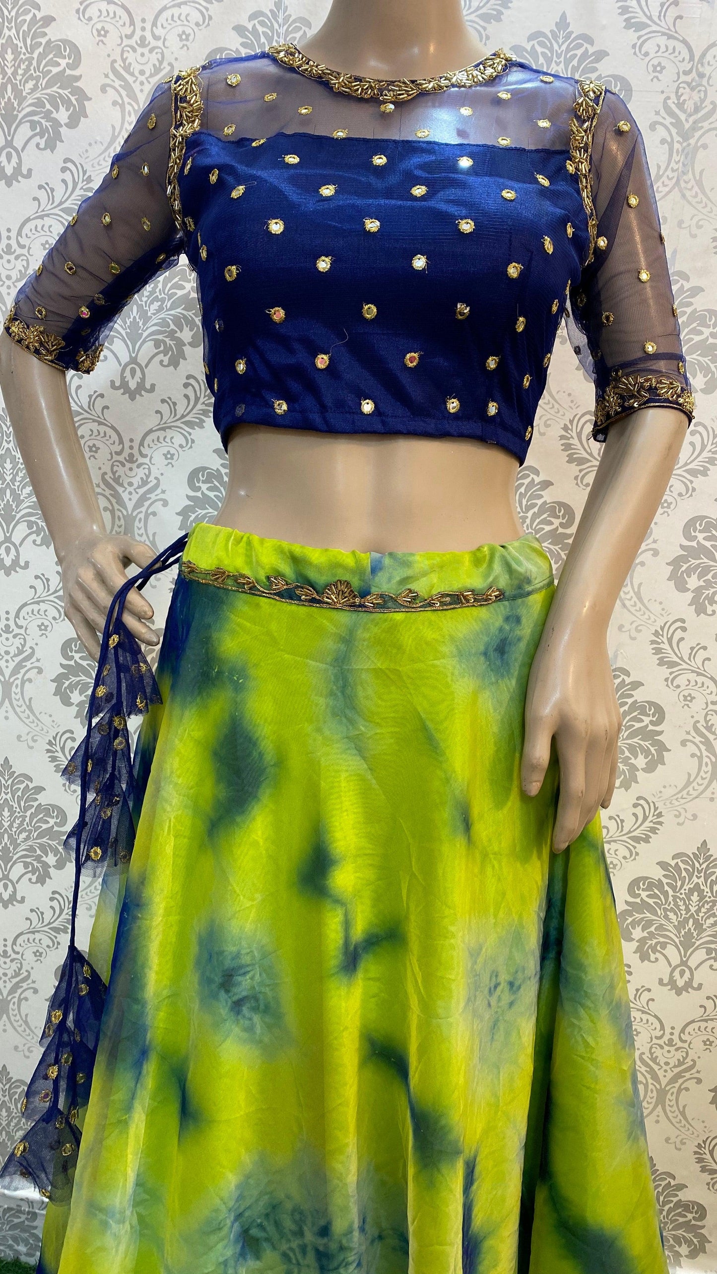 Tie and die Crop Top lehenga with hand work for neck, back and sleeves - Threads