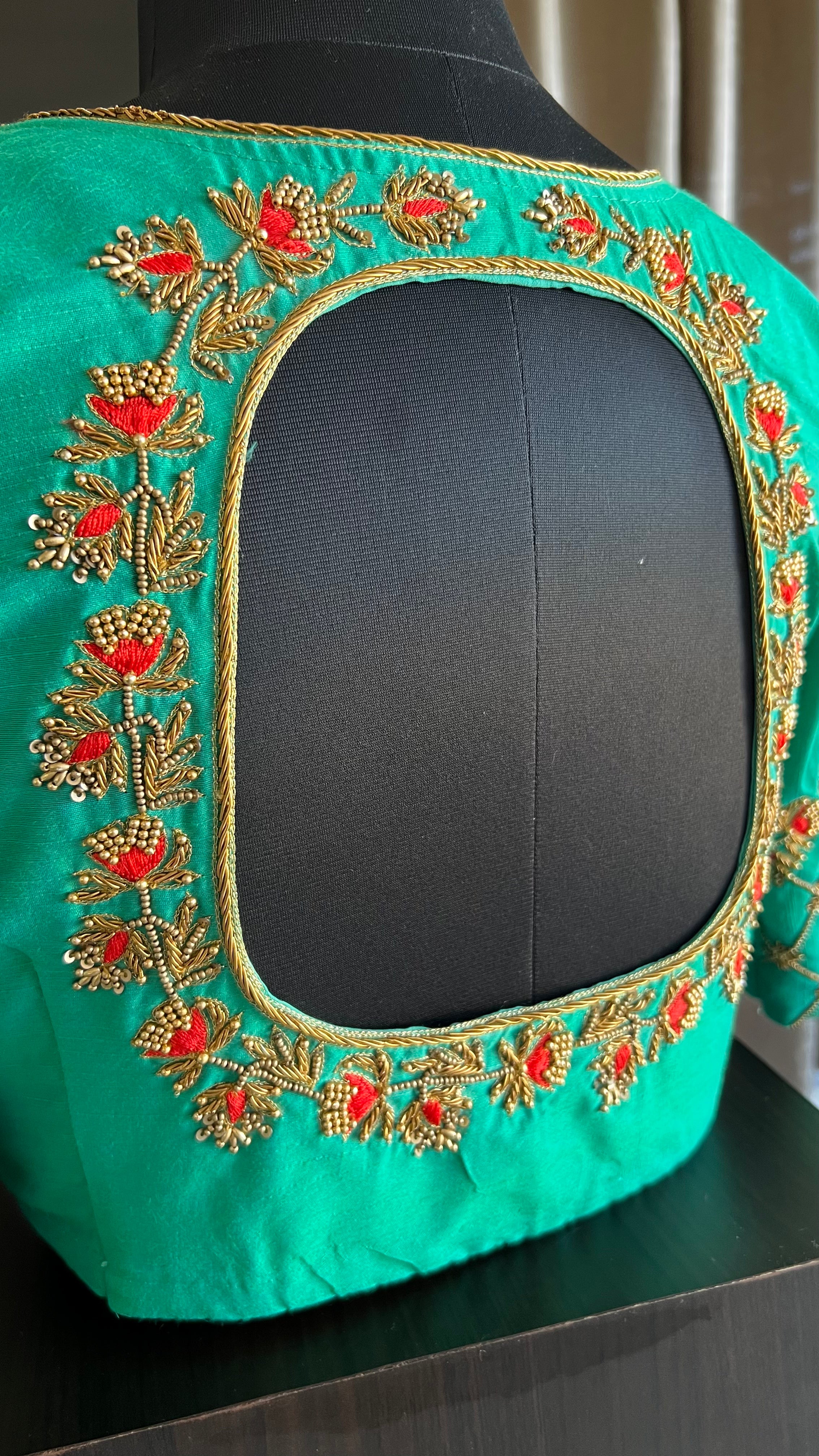 Sea green silk hand worked blouse - Threads