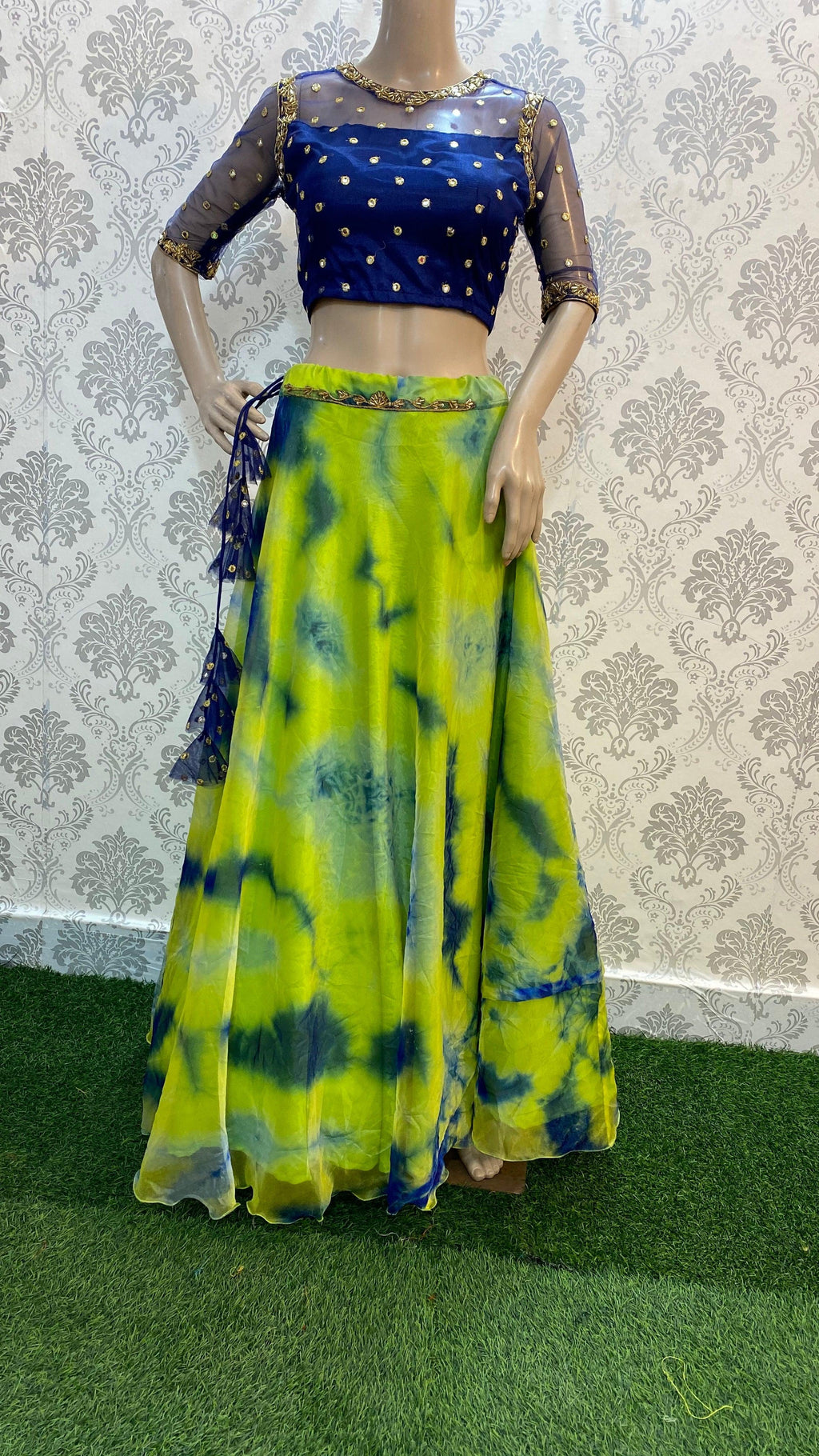 Tie and die Crop Top lehenga with hand work for neck, back and sleeves - Threads