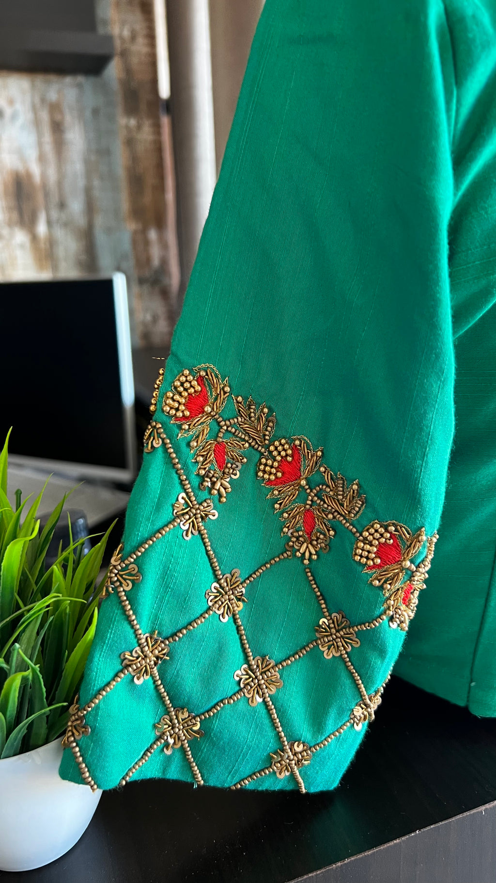 Sea green silk hand worked blouse - Threads