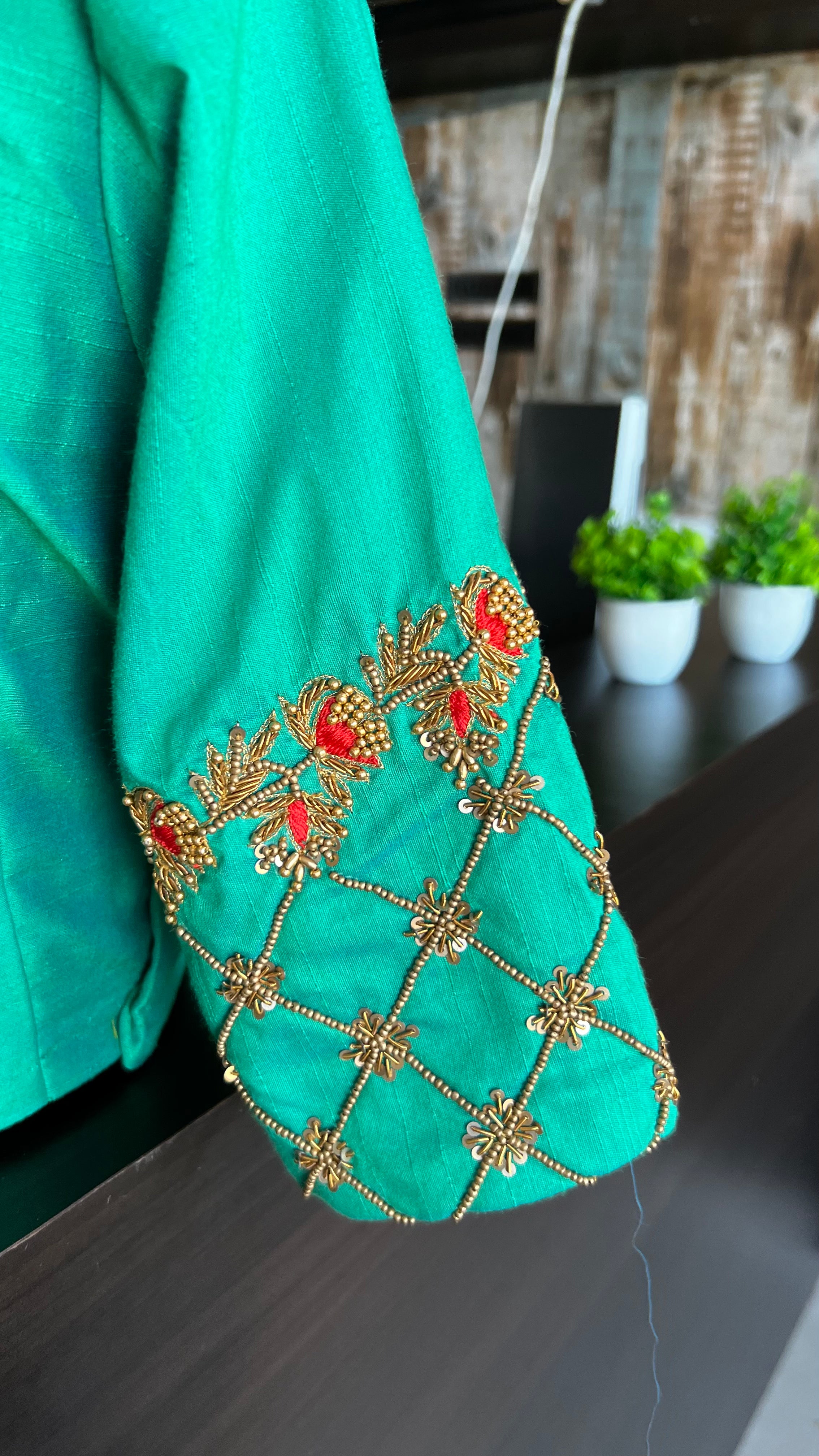 Sea green silk hand worked blouse - Threads
