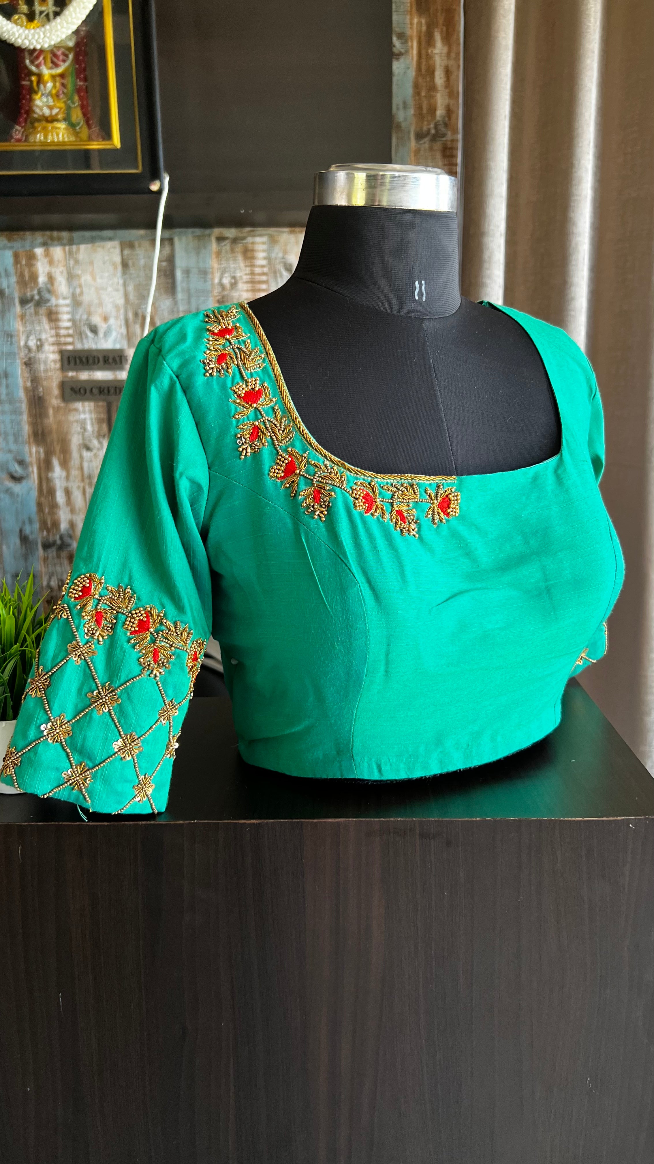 Sea green silk hand worked blouse - Threads