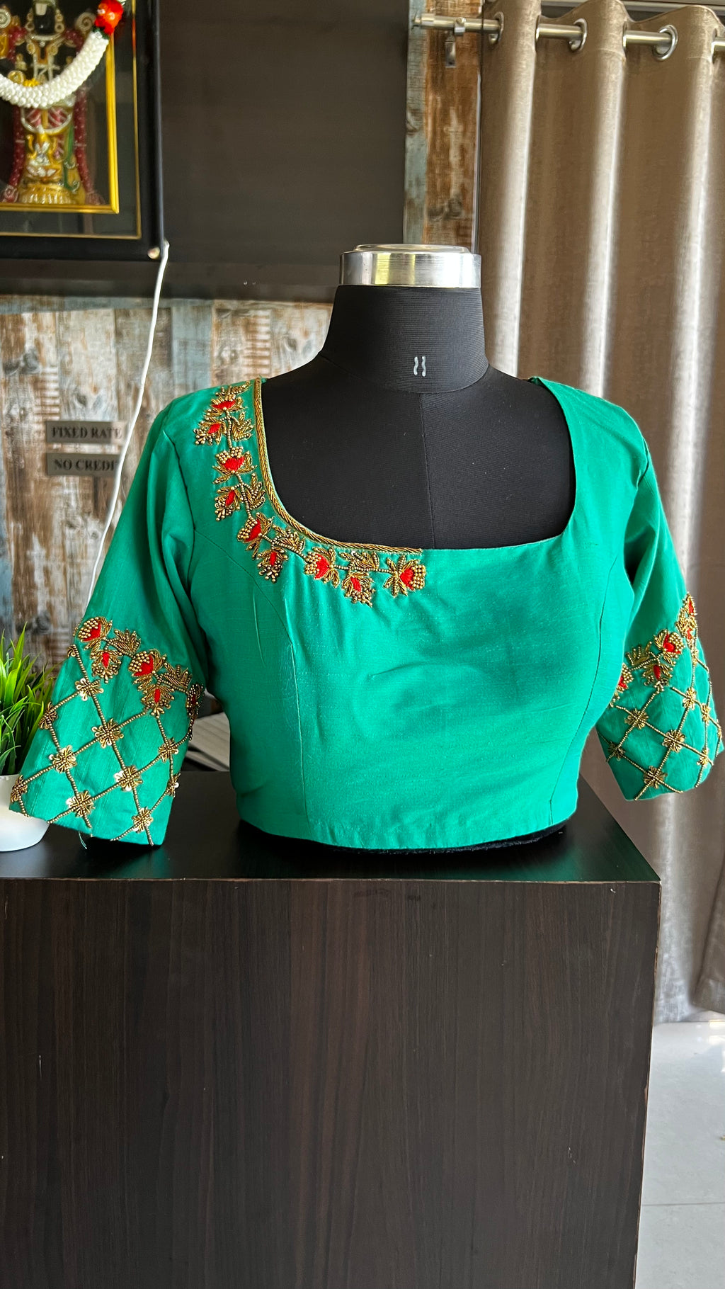 Sea green silk hand worked blouse - Threads