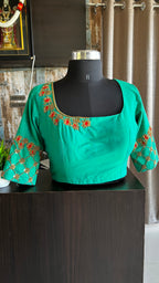 Sea green silk hand worked blouse - Threads