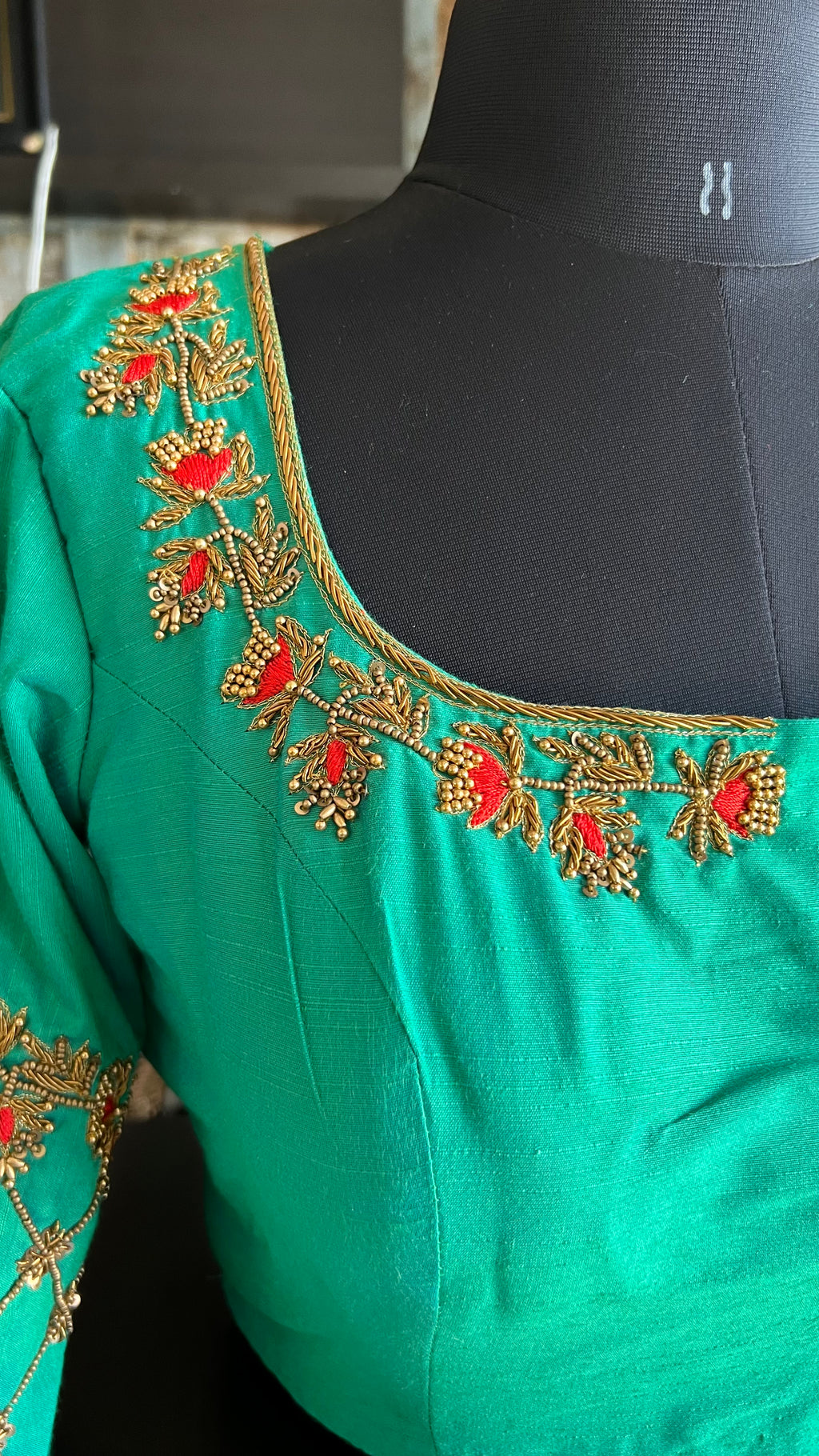 Sea green silk hand worked blouse - Threads