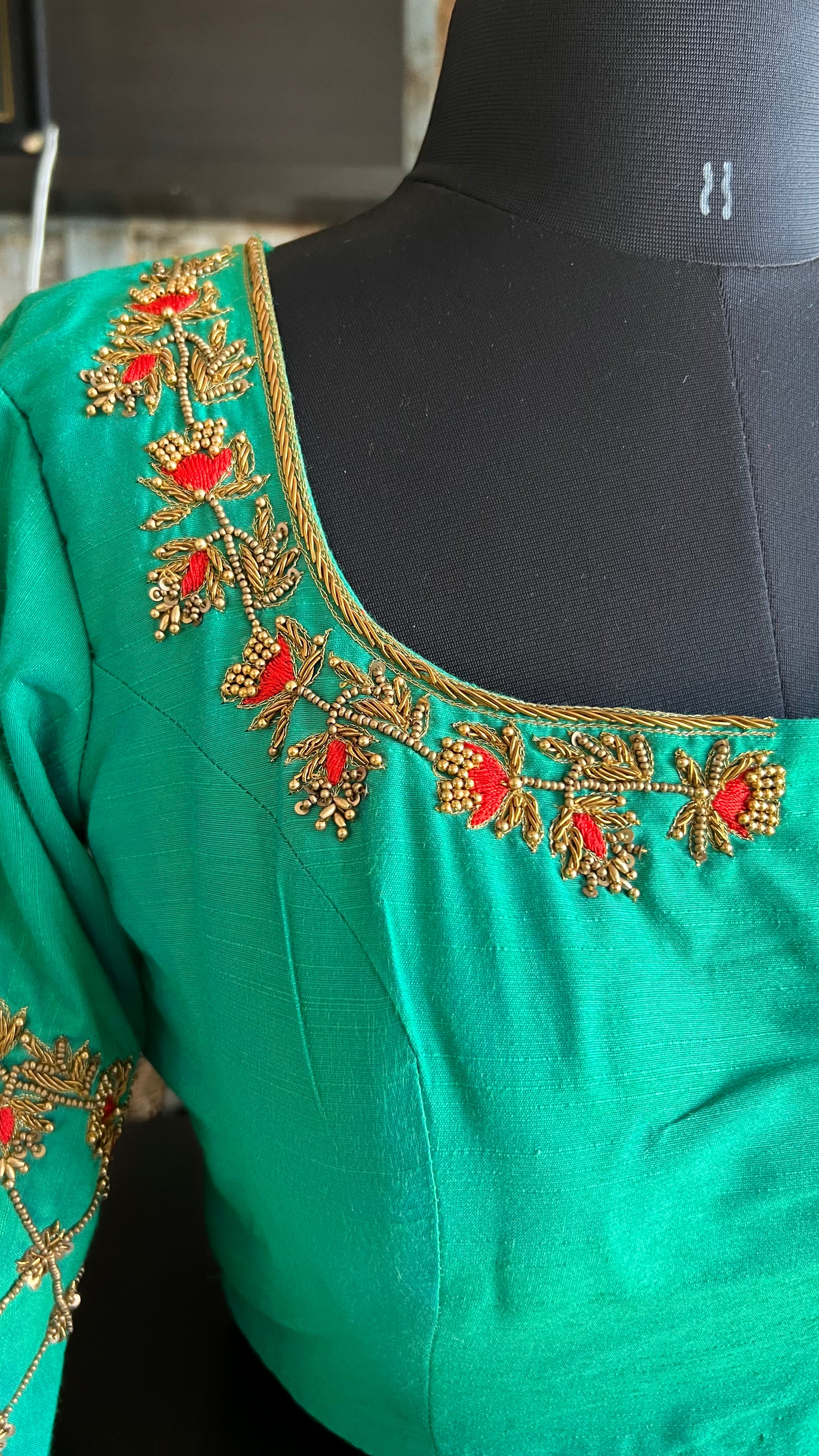 Sea green silk hand worked blouse - Threads