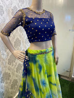 Tie and die Crop Top lehenga with hand work for neck, back and sleeves - Threads