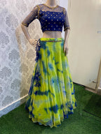 Tie and die Crop Top lehenga with hand work for neck, back and sleeves - Threads