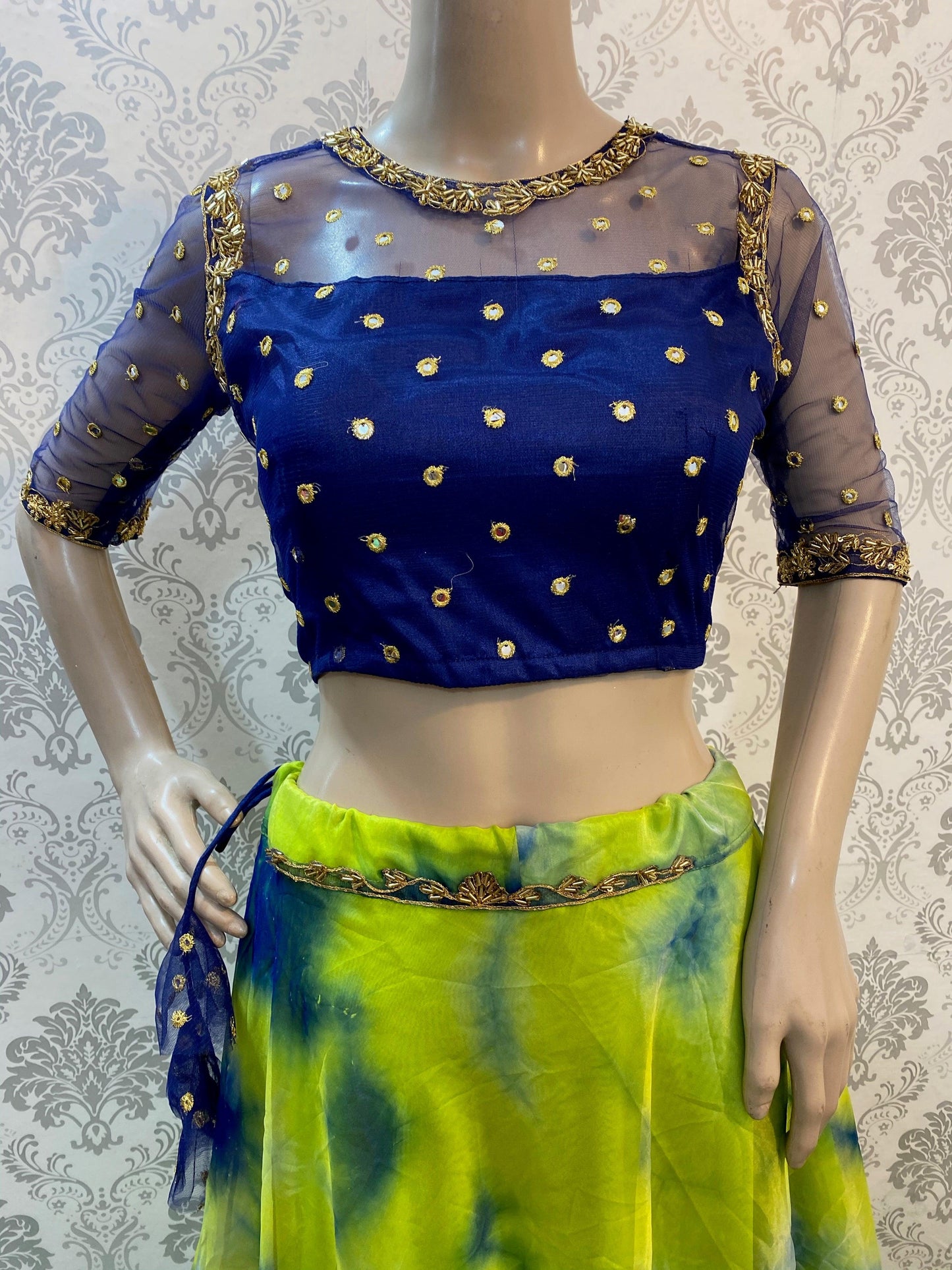 Tie and die Crop Top lehenga with hand work for neck, back and sleeves - Threads