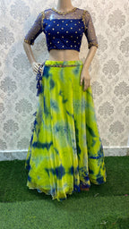 Tie and die Crop Top lehenga with hand work for neck, back and sleeves - Threads