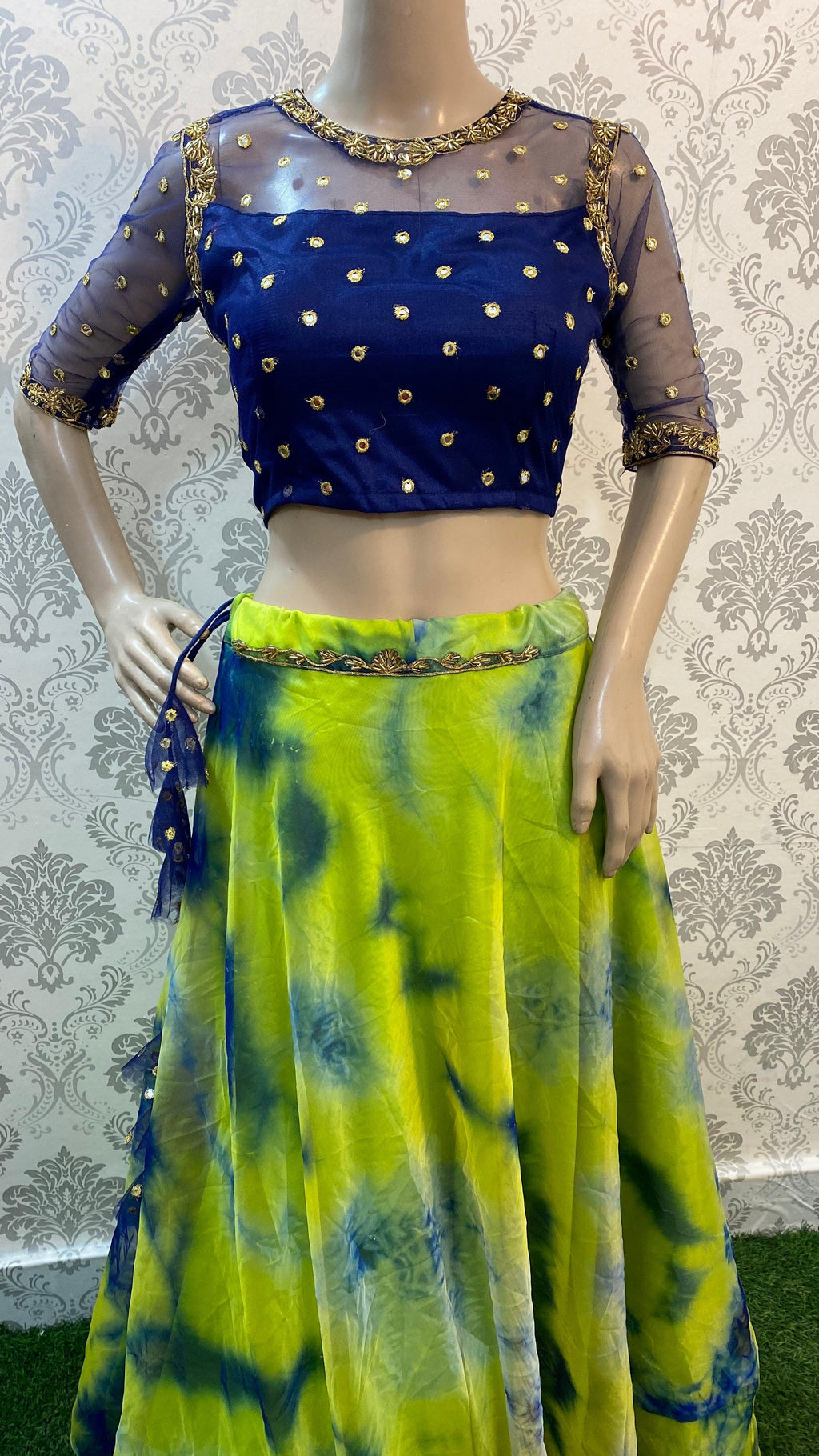 Tie and die Crop Top lehenga with hand work for neck, back and sleeves - Threads