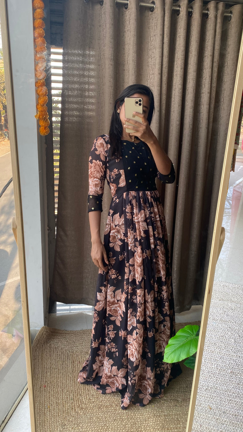 Black floral georgette full length dress