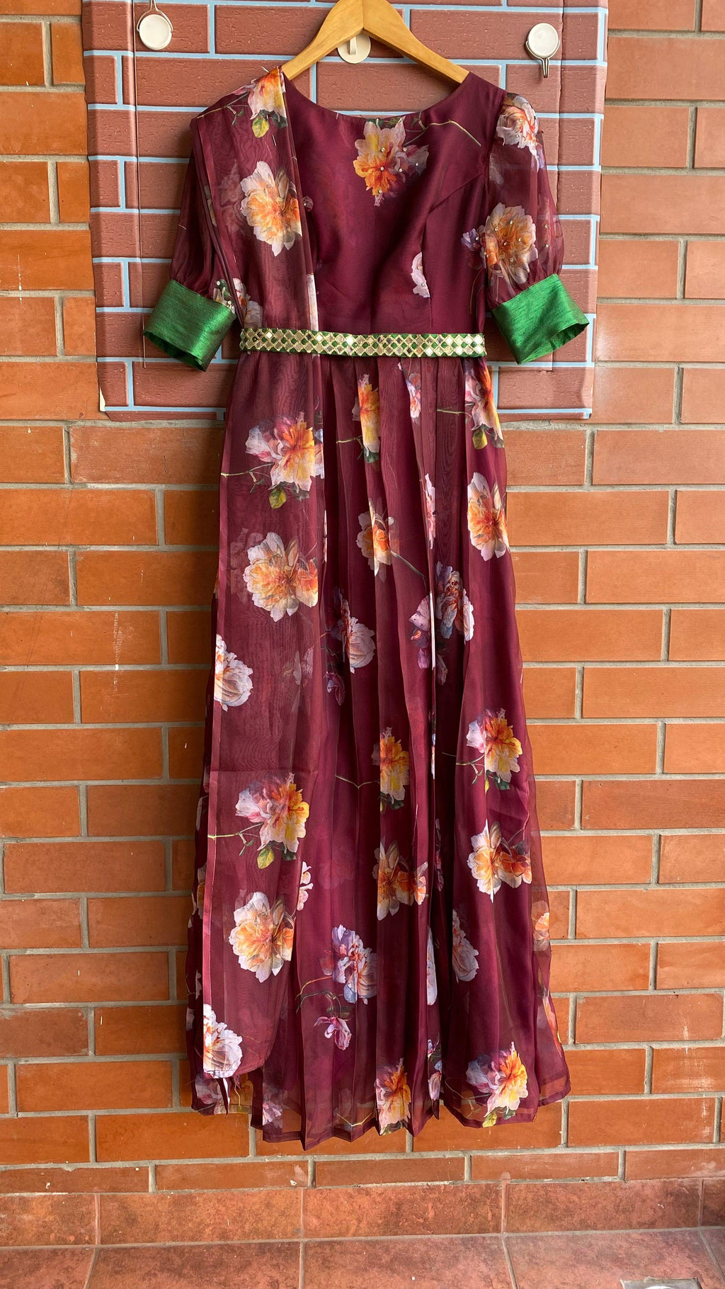 Wine floral Organza Pleated dress with duppata and Belt - Threads