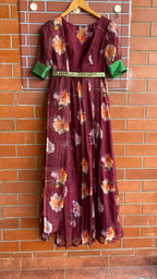 Wine floral Organza Pleated dress with duppata and Belt - Threads