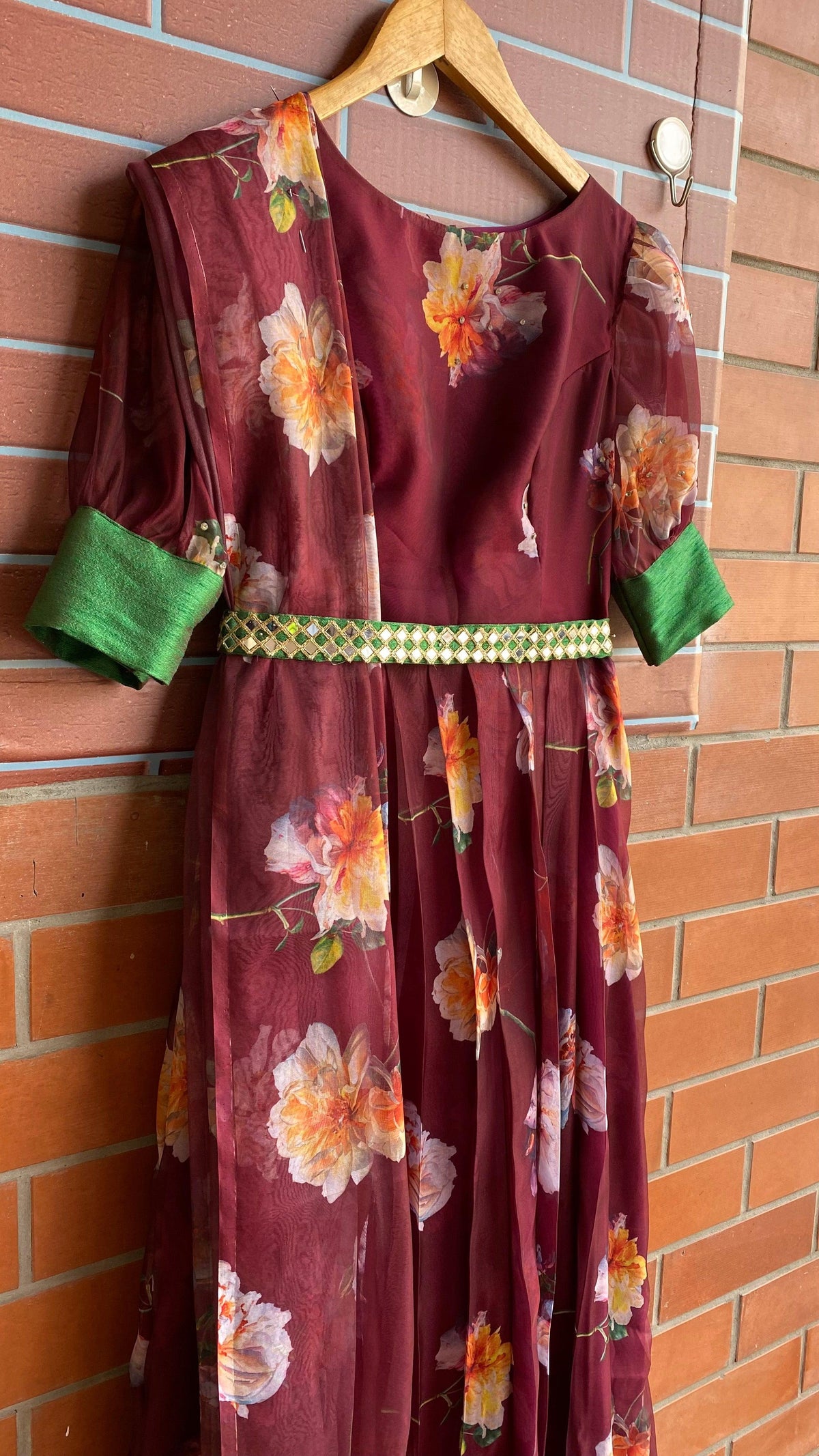 Wine floral Organza Pleated dress with duppata and Belt - Threads