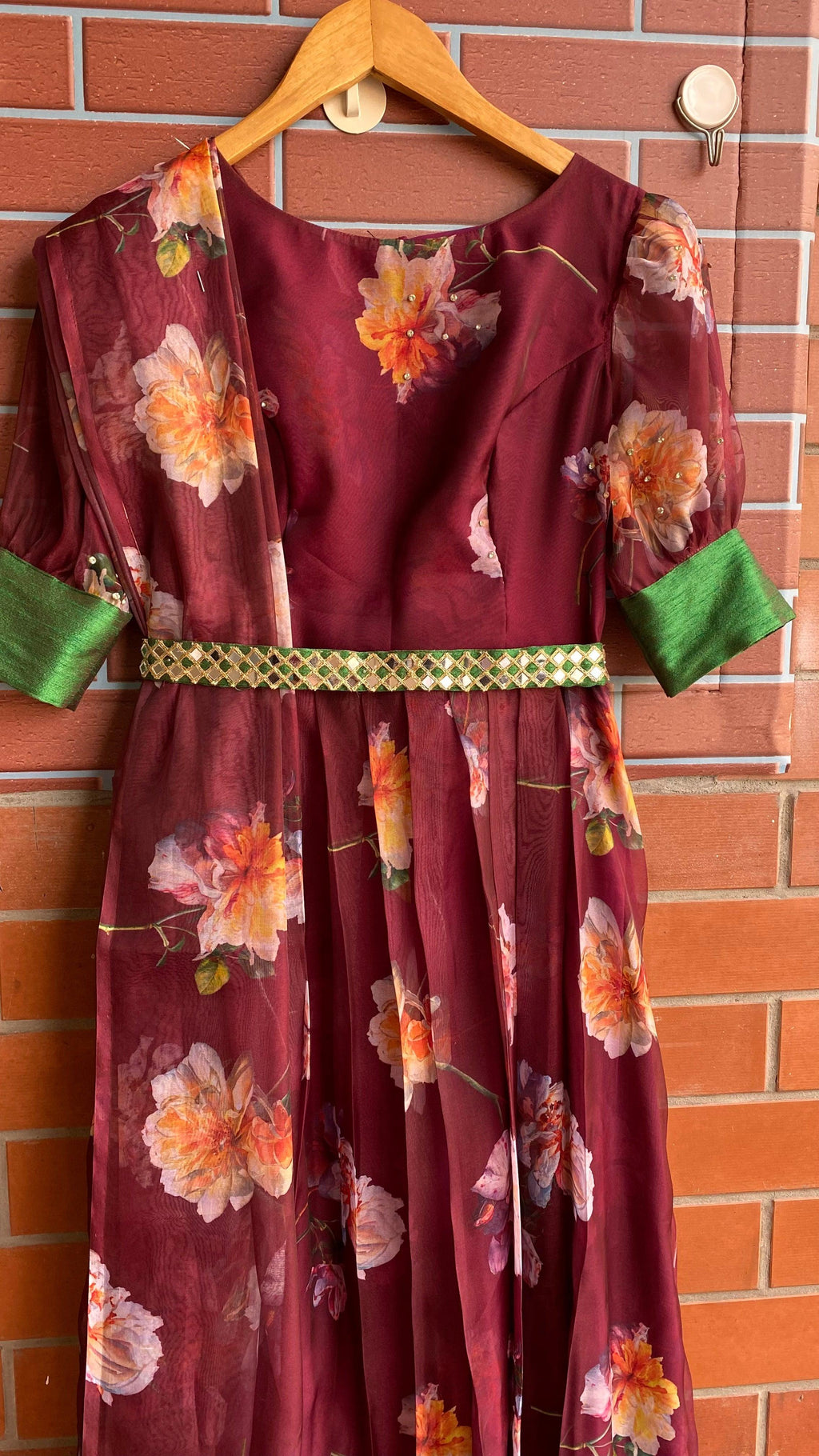 Wine floral Organza Pleated dress with duppata and Belt - Threads