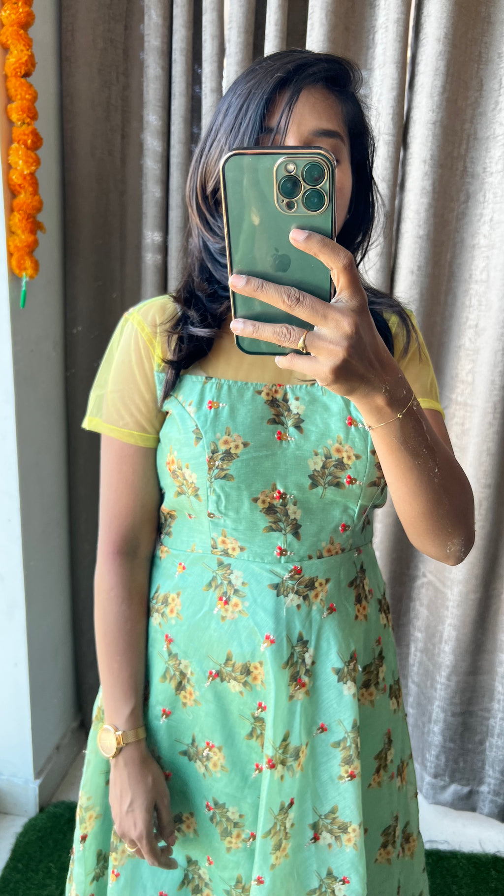 Green chanderi silk salwar suit of hand worked top - Threads