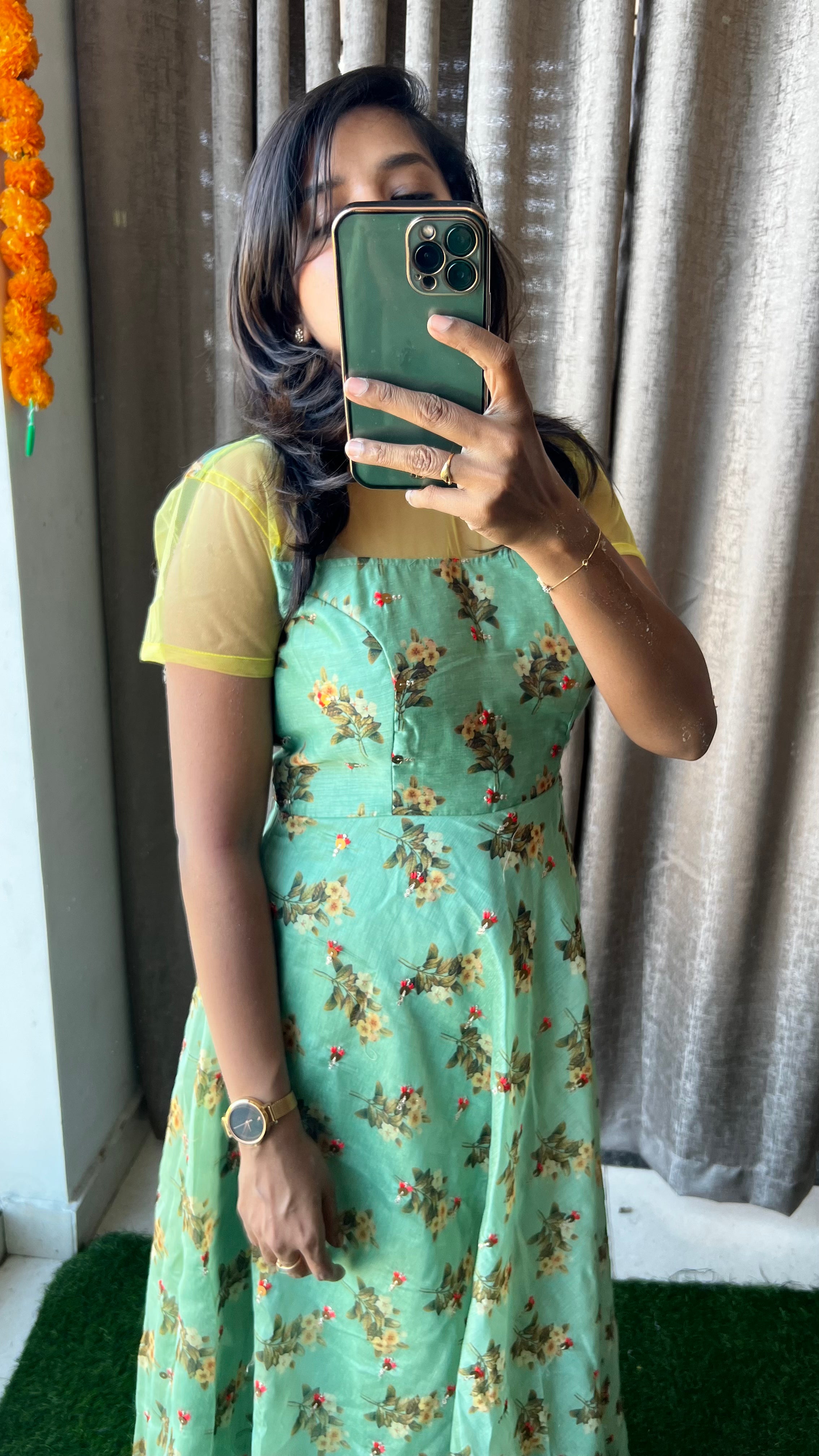 Green chanderi silk salwar suit of hand worked top - Threads