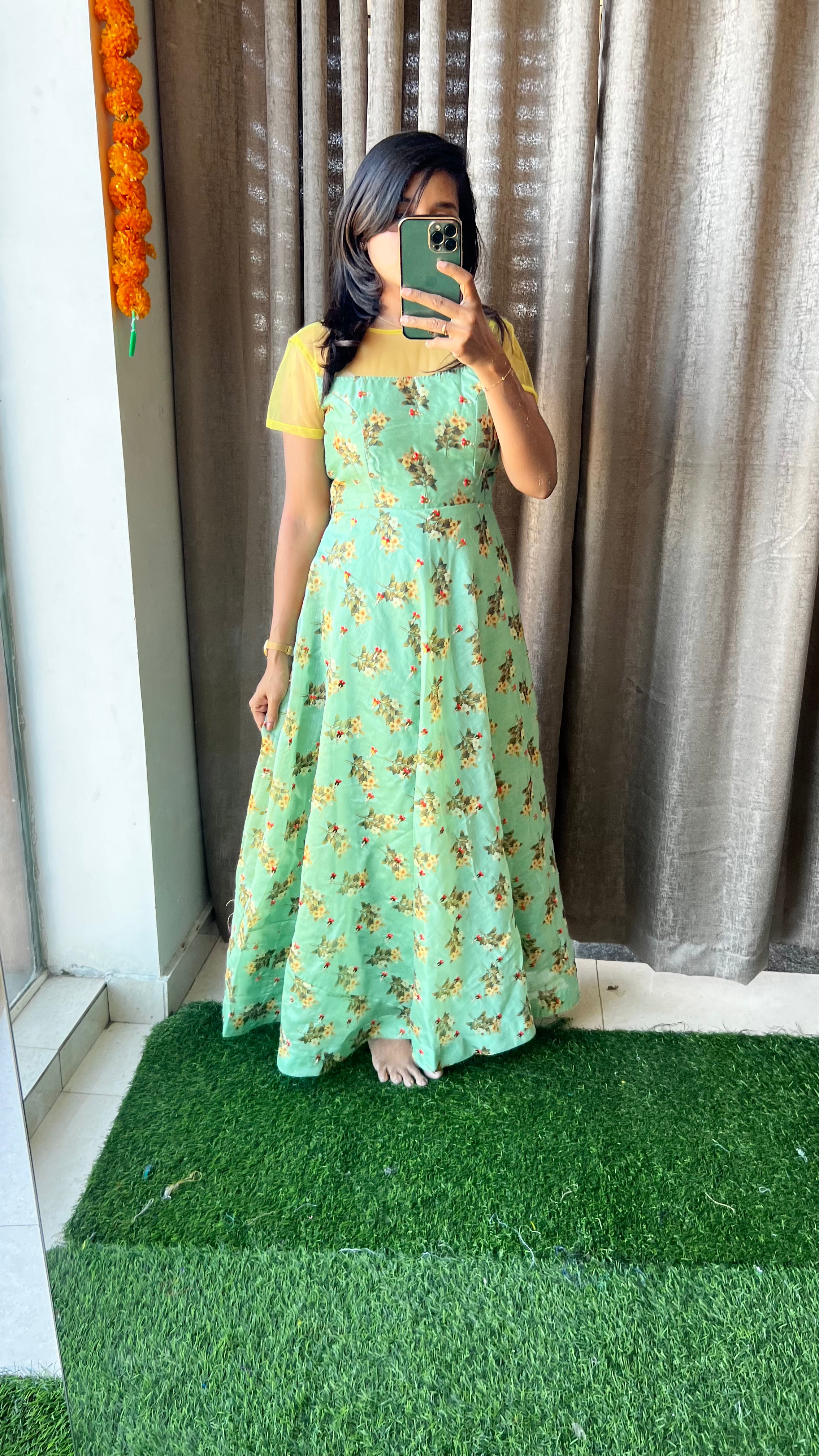 Green chanderi silk salwar suit of hand worked top - Threads