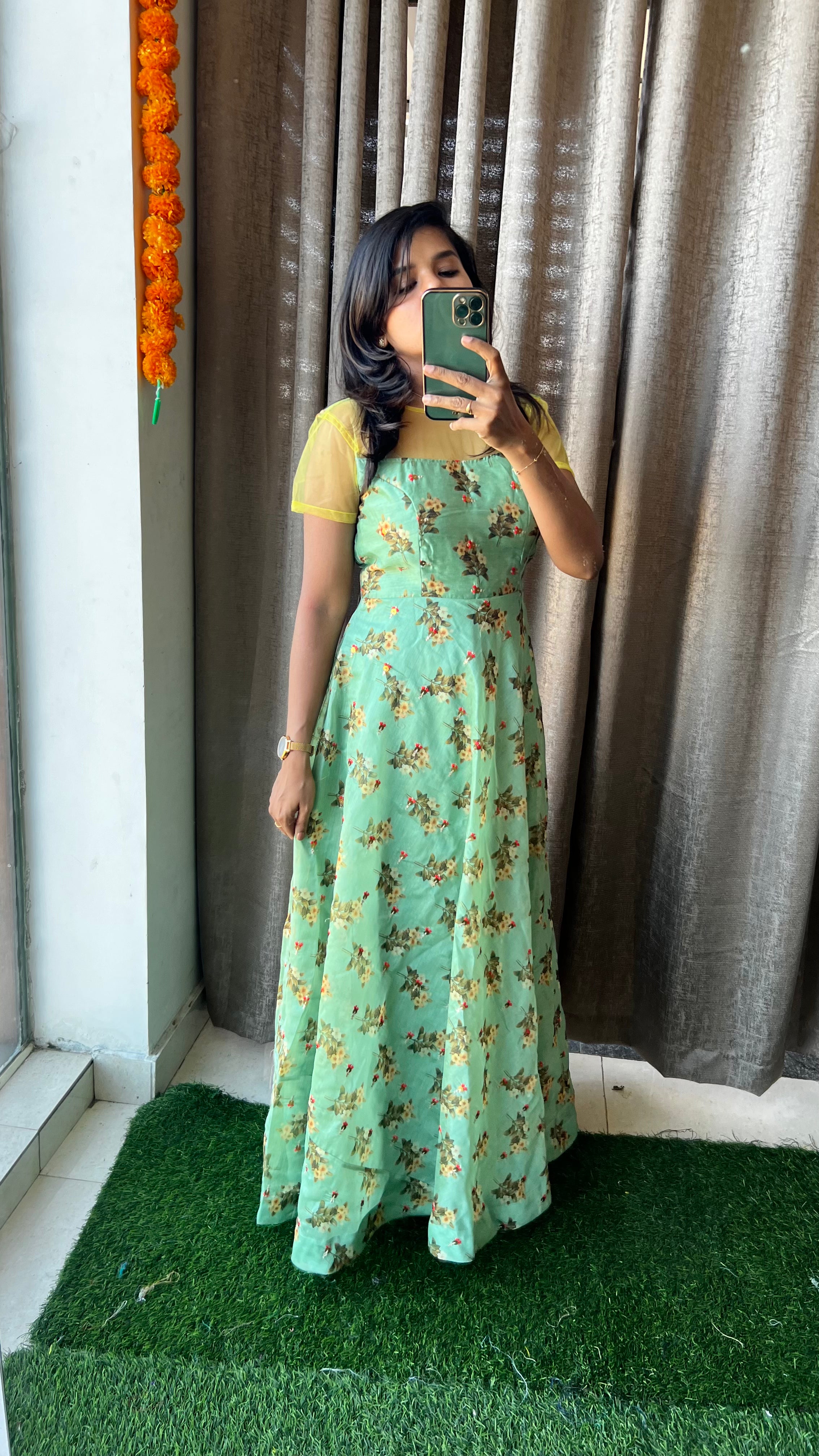 Green chanderi silk salwar suit of hand worked top - Threads