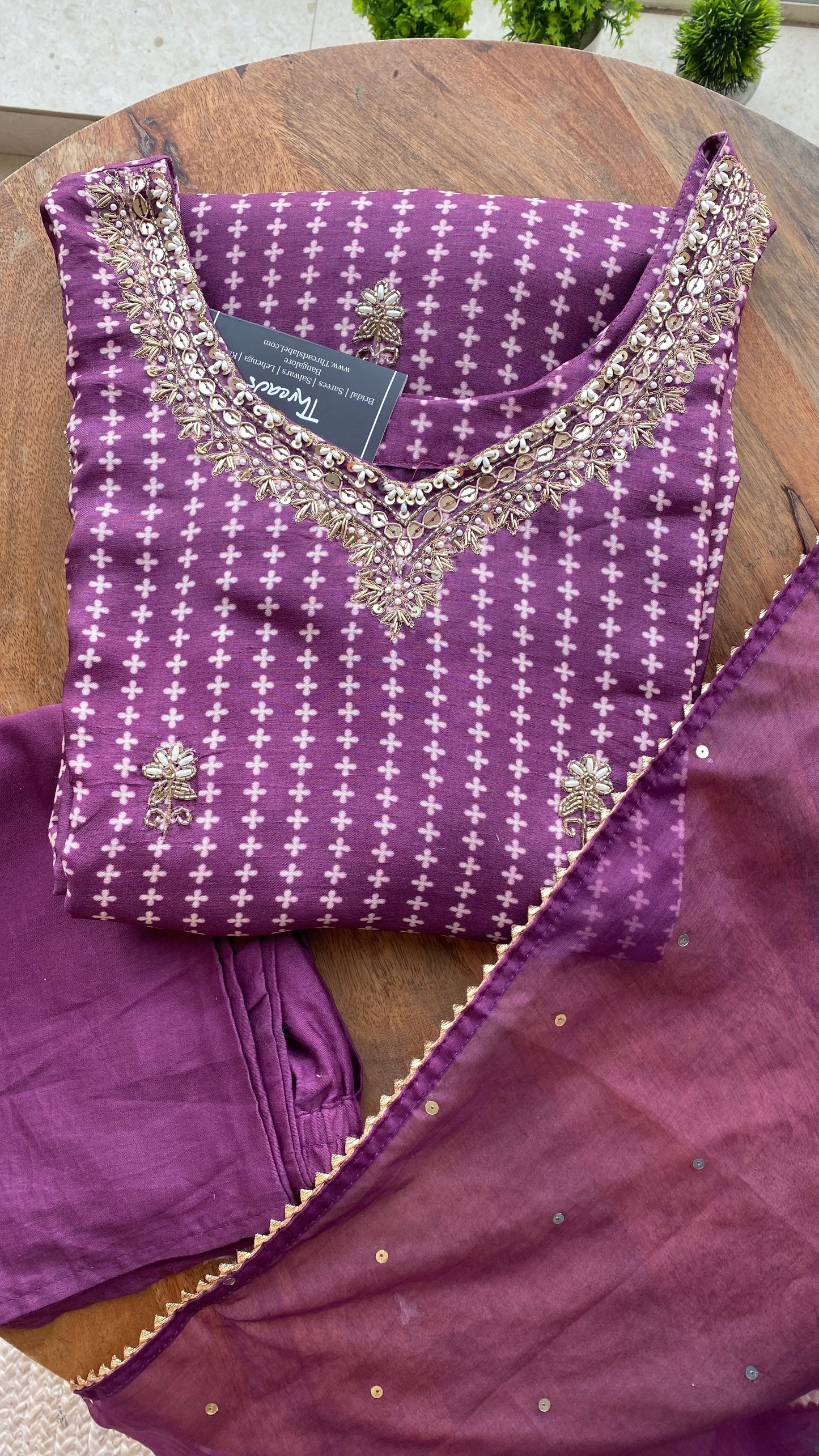 Purple silk hand work embroidery 3 piece kurti set