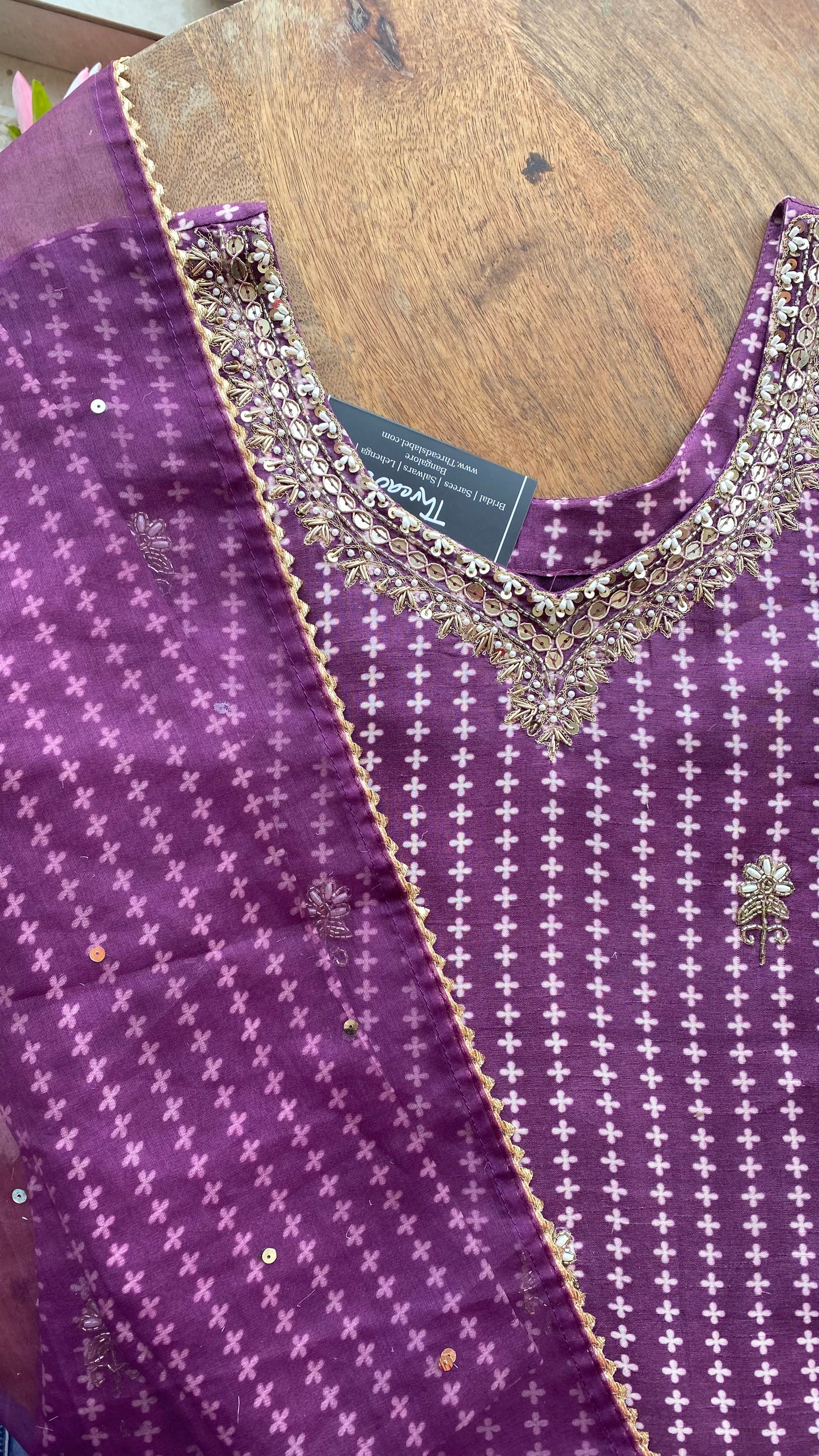Purple silk hand work embroidery 3 piece kurti set