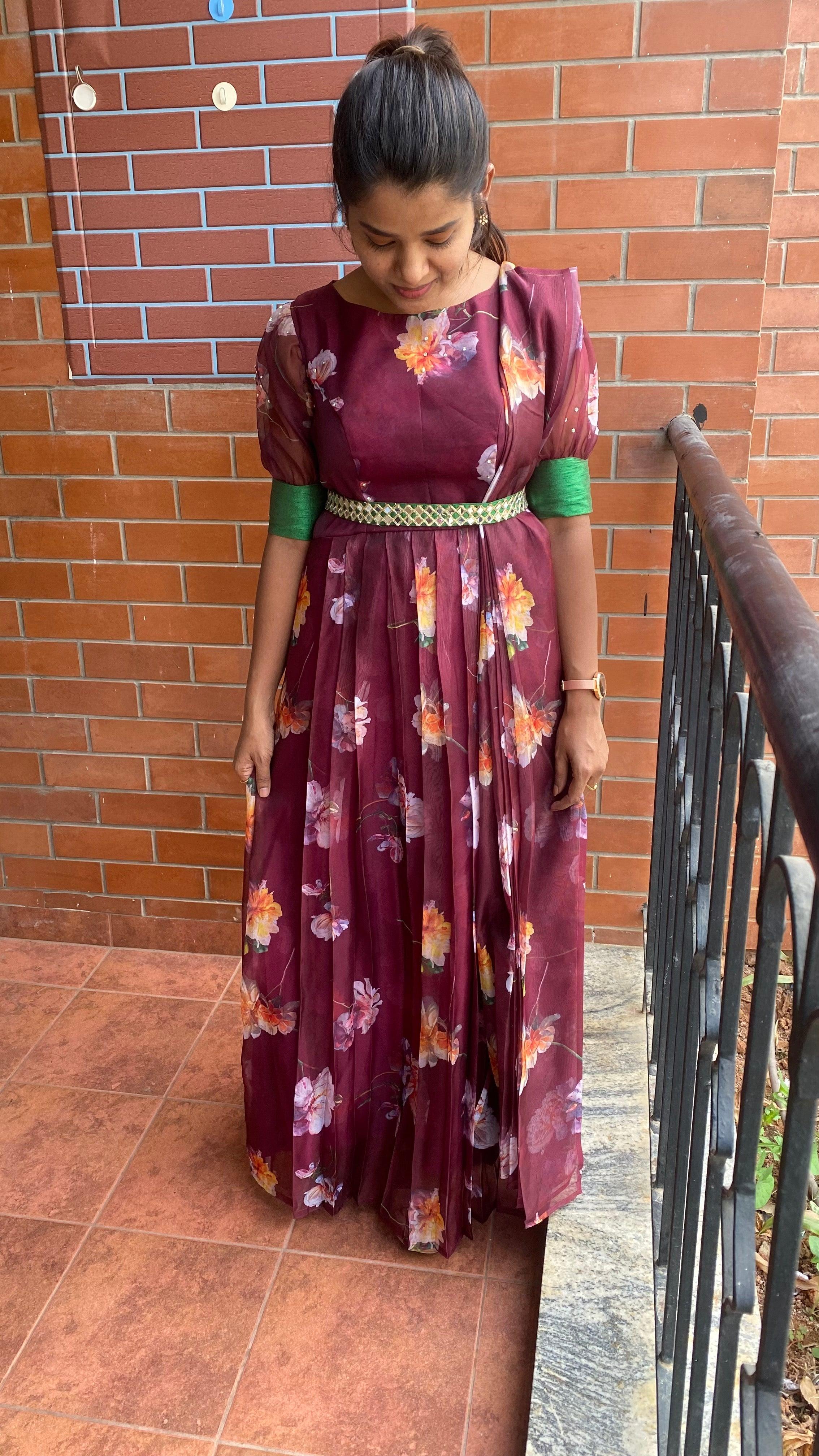 Wine floral Organza Pleated dress with duppata and Belt - Threads