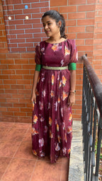 Wine floral Organza Pleated dress with duppata and Belt - Threads