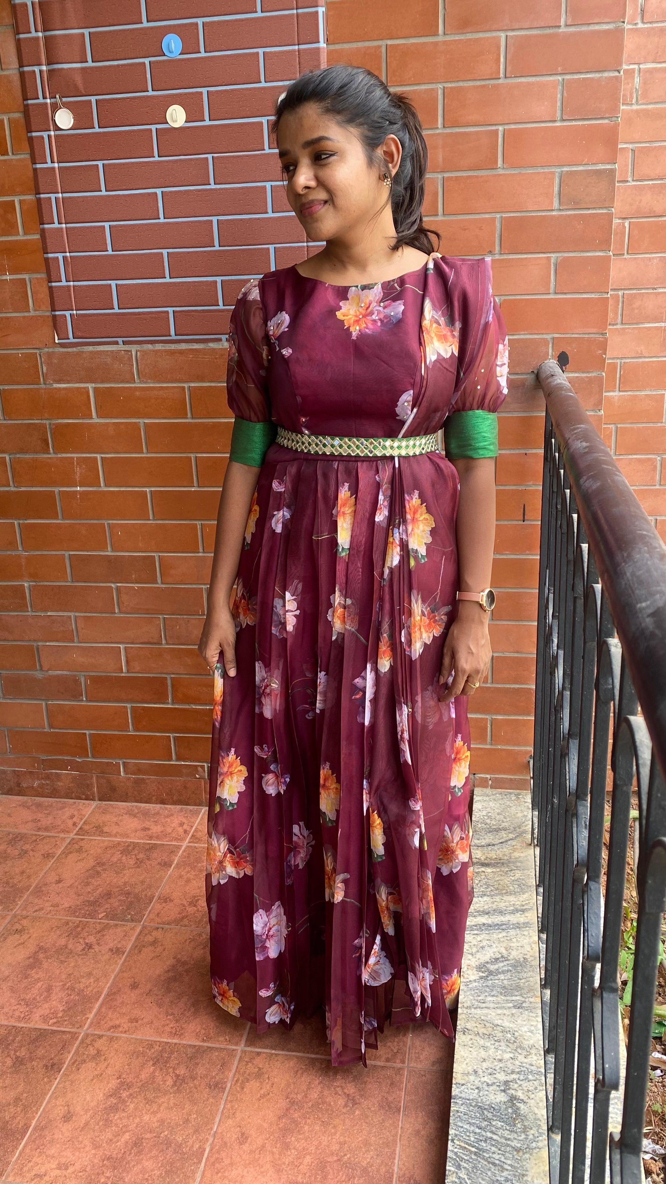 Wine floral Organza Pleated dress with duppata and Belt - Threads