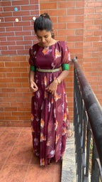 Wine floral Organza Pleated dress with duppata and Belt - Threads