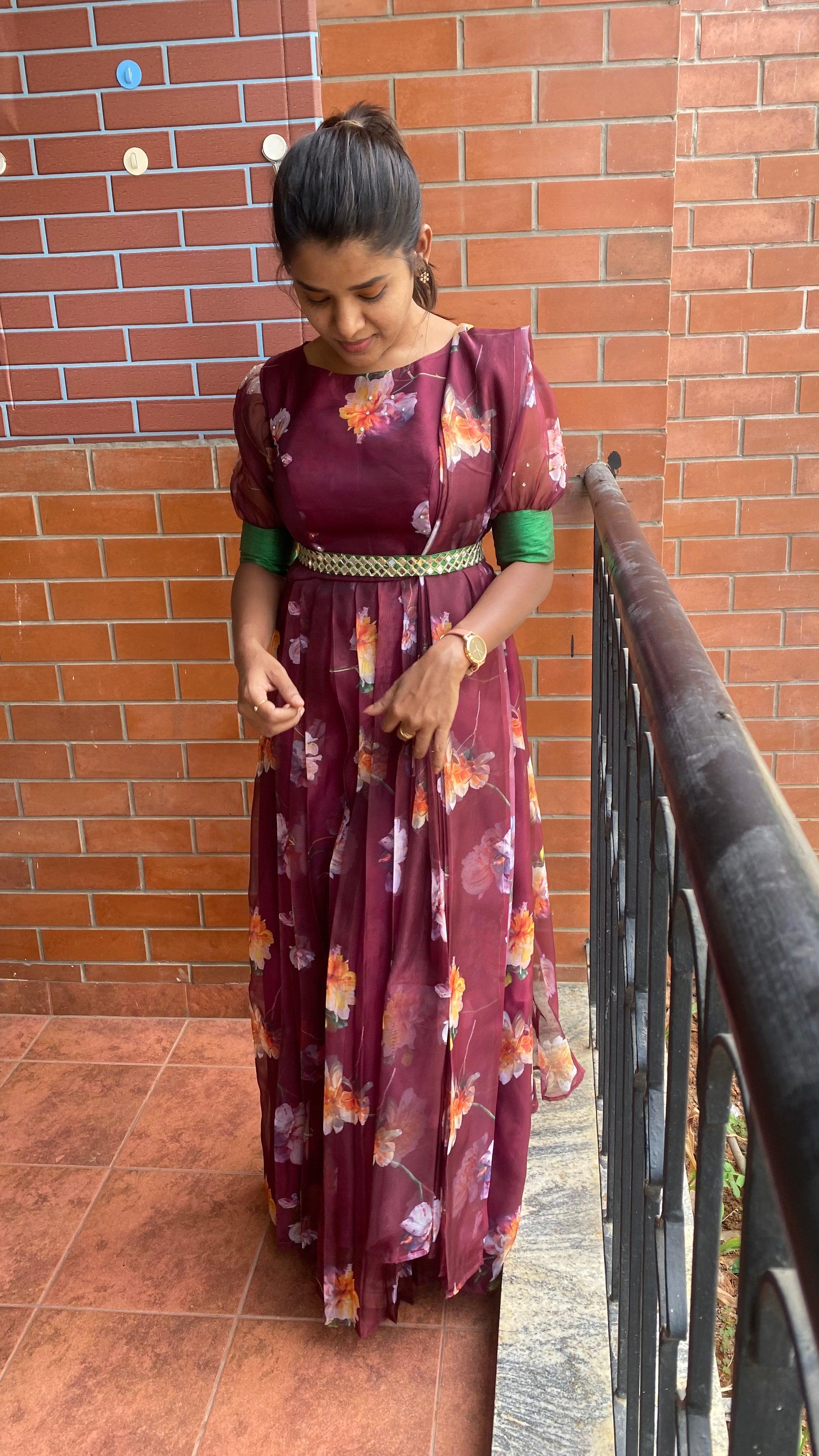 Wine floral Organza Pleated dress with duppata and Belt - Threads