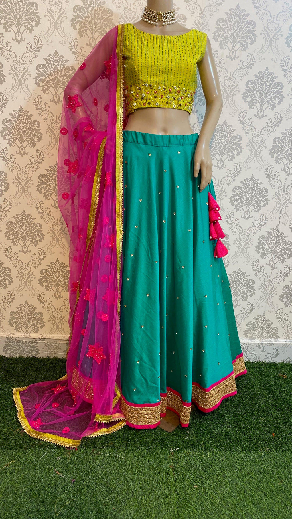 Sea Green and Lemon Yellow Silk Lehanga - Threads