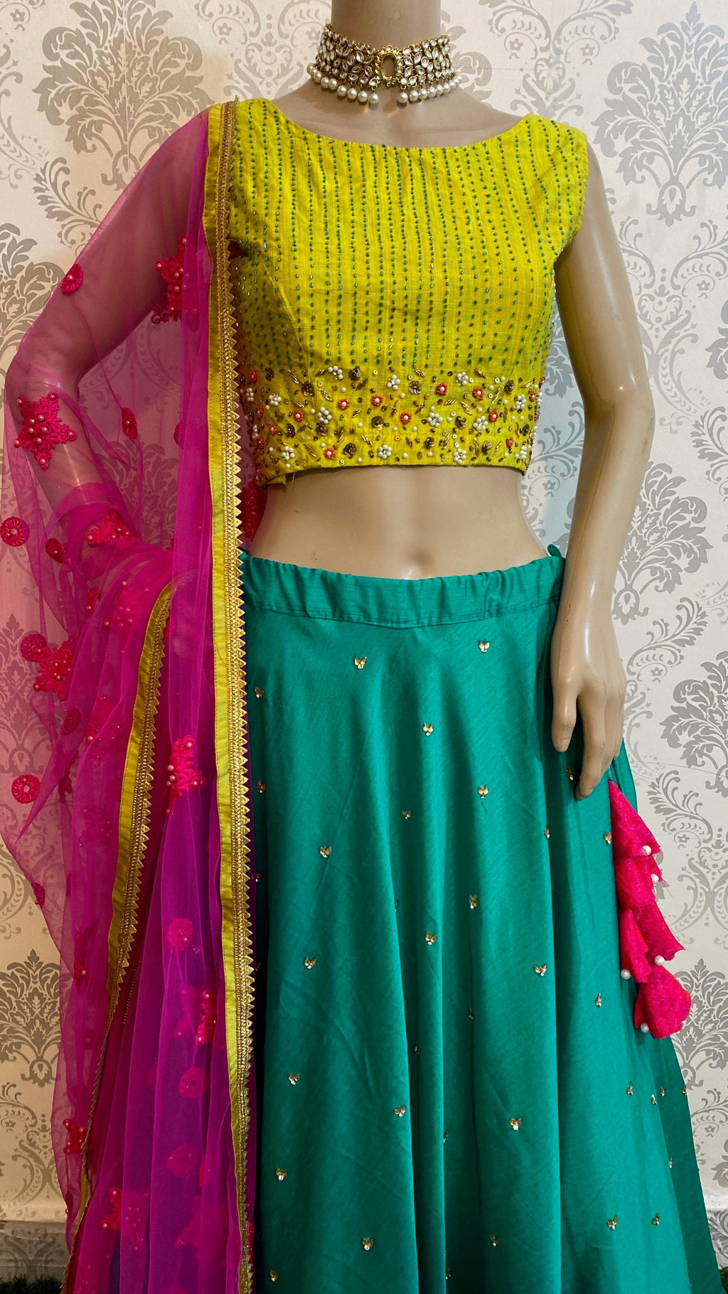 Sea Green and Lemon Yellow Silk Lehanga - Threads