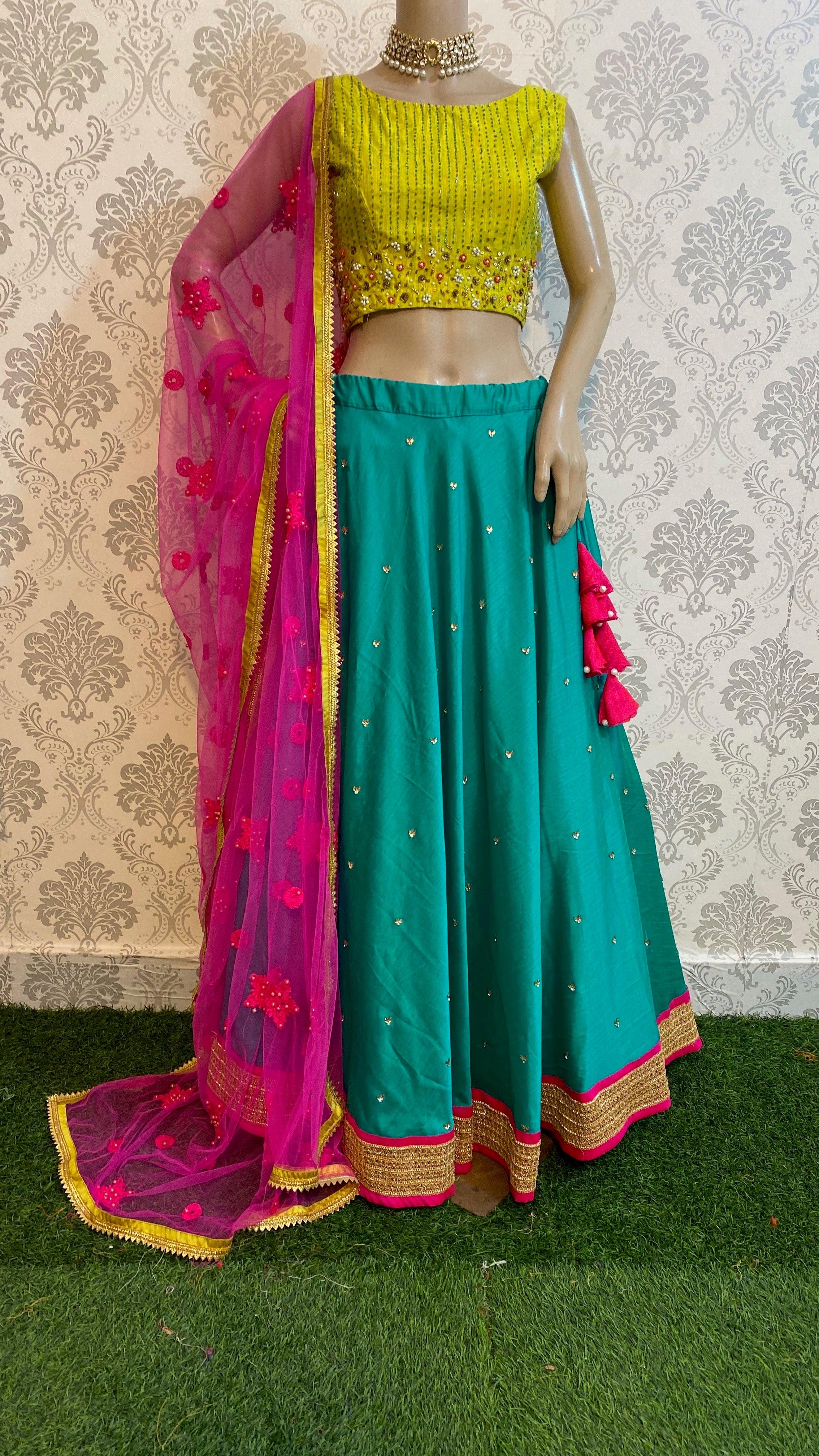 Sea Green and Lemon Yellow Silk Lehanga - Threads