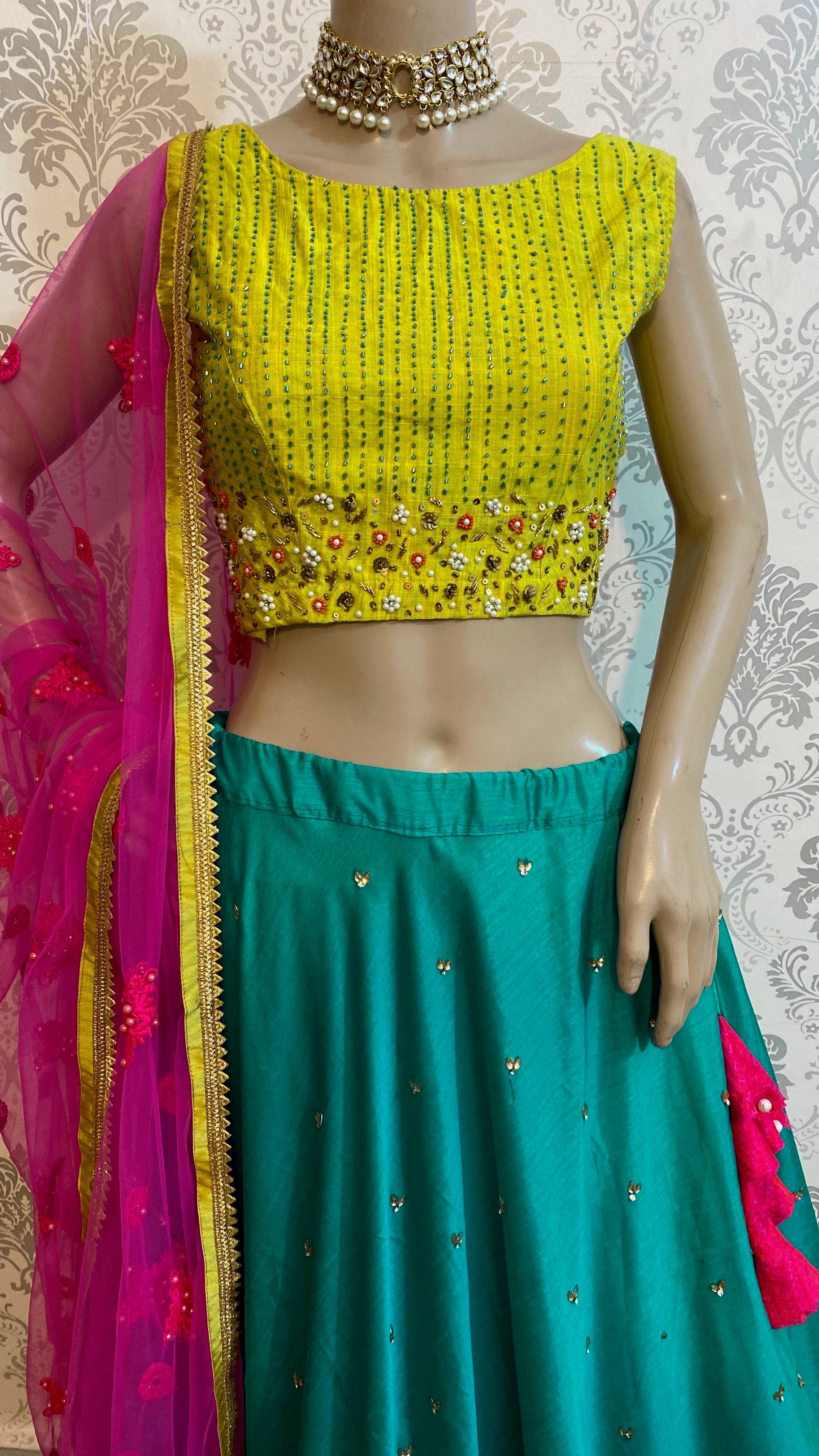 Sea Green and Lemon Yellow Silk Lehanga - Threads