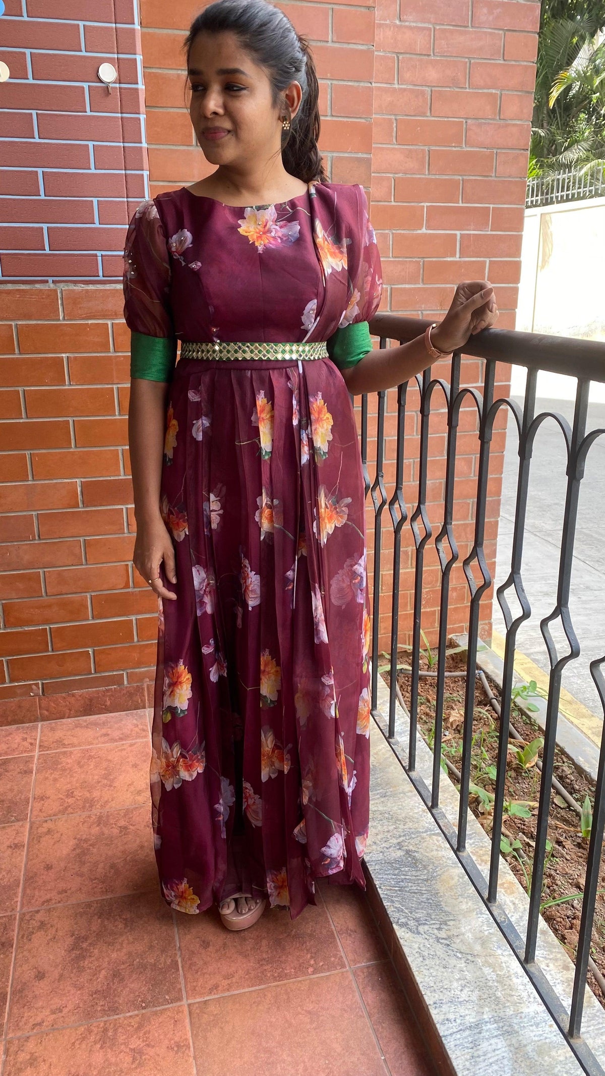 Wine floral Organza Pleated dress with duppata and Belt - Threads