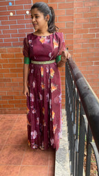 Wine floral Organza Pleated dress with duppata and Belt - Threads